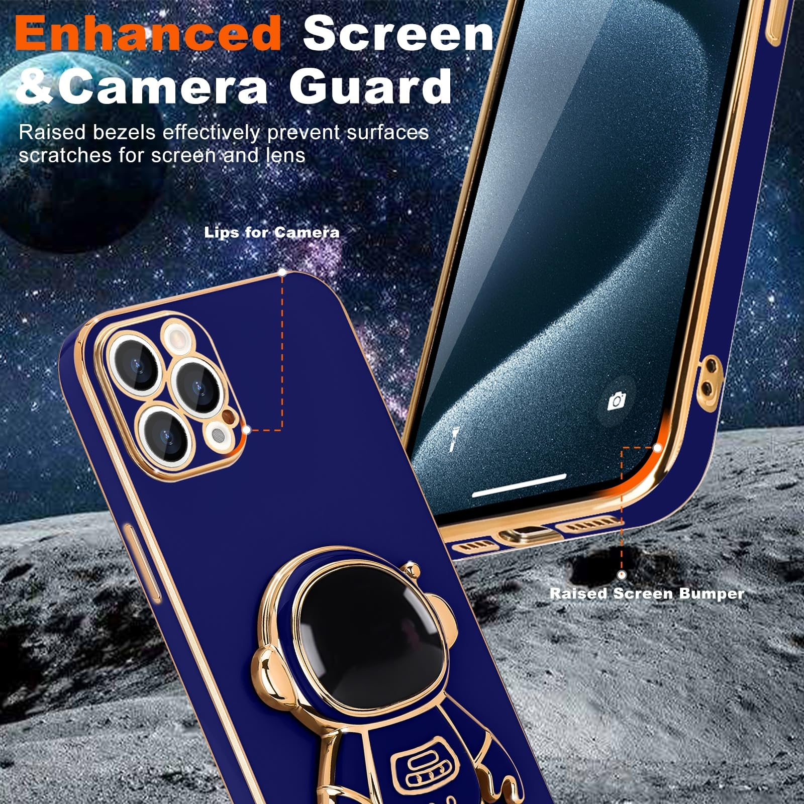 Pepmune For Iphone 15 Pro Case, Cute 3D Astronaut Stand With [2 Screen Protector] [Camera Protection] Kickstand Shockproof Bling