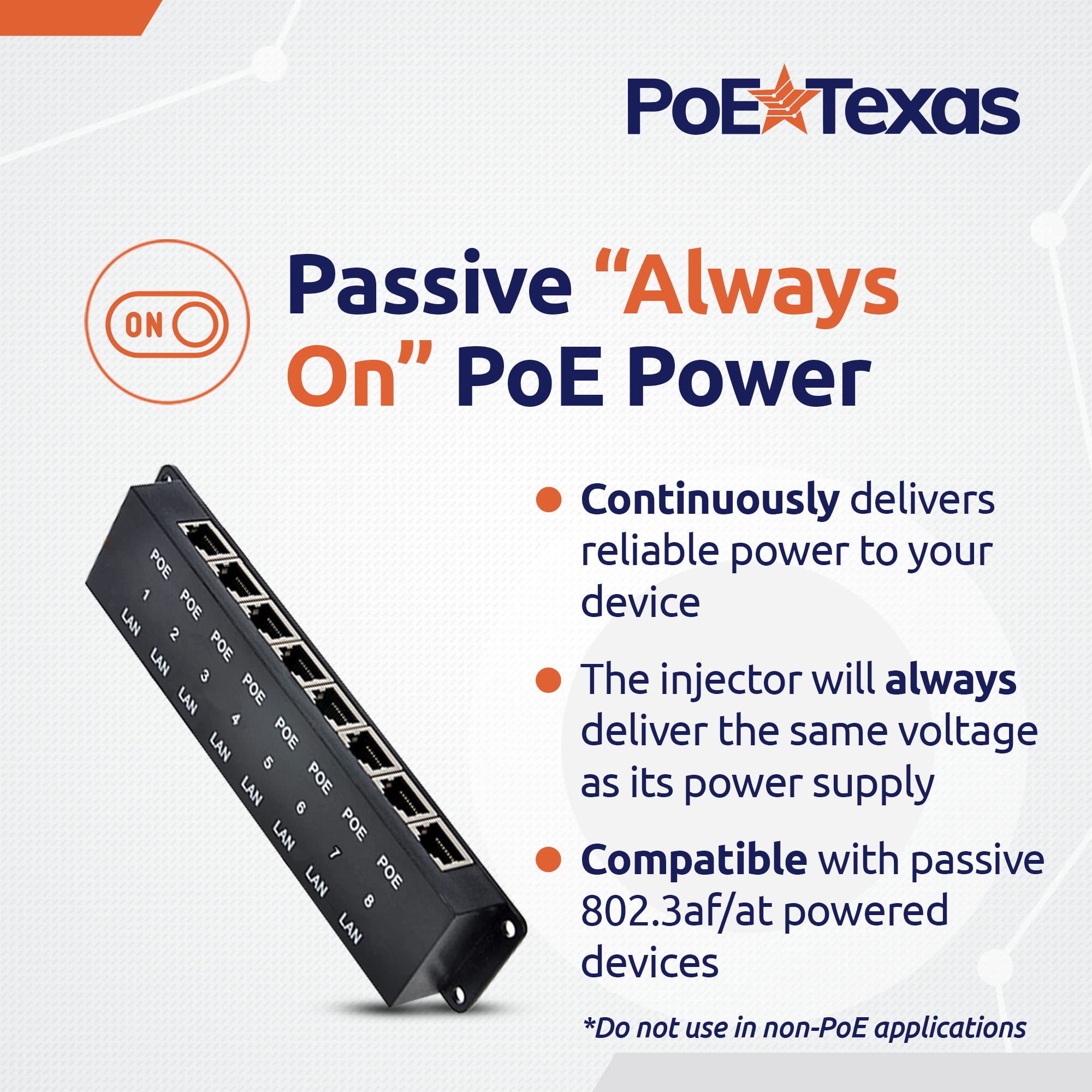 Poe Texas 8 Port Poe Injector   8 Port Poe Adapter   Add Power Over Ethernet For Passive Devices   10/100 Data Rate For Ptz, Ip Camera Video Security System, Voip Phone, Wifi Access Point (Poe 8 Enc)