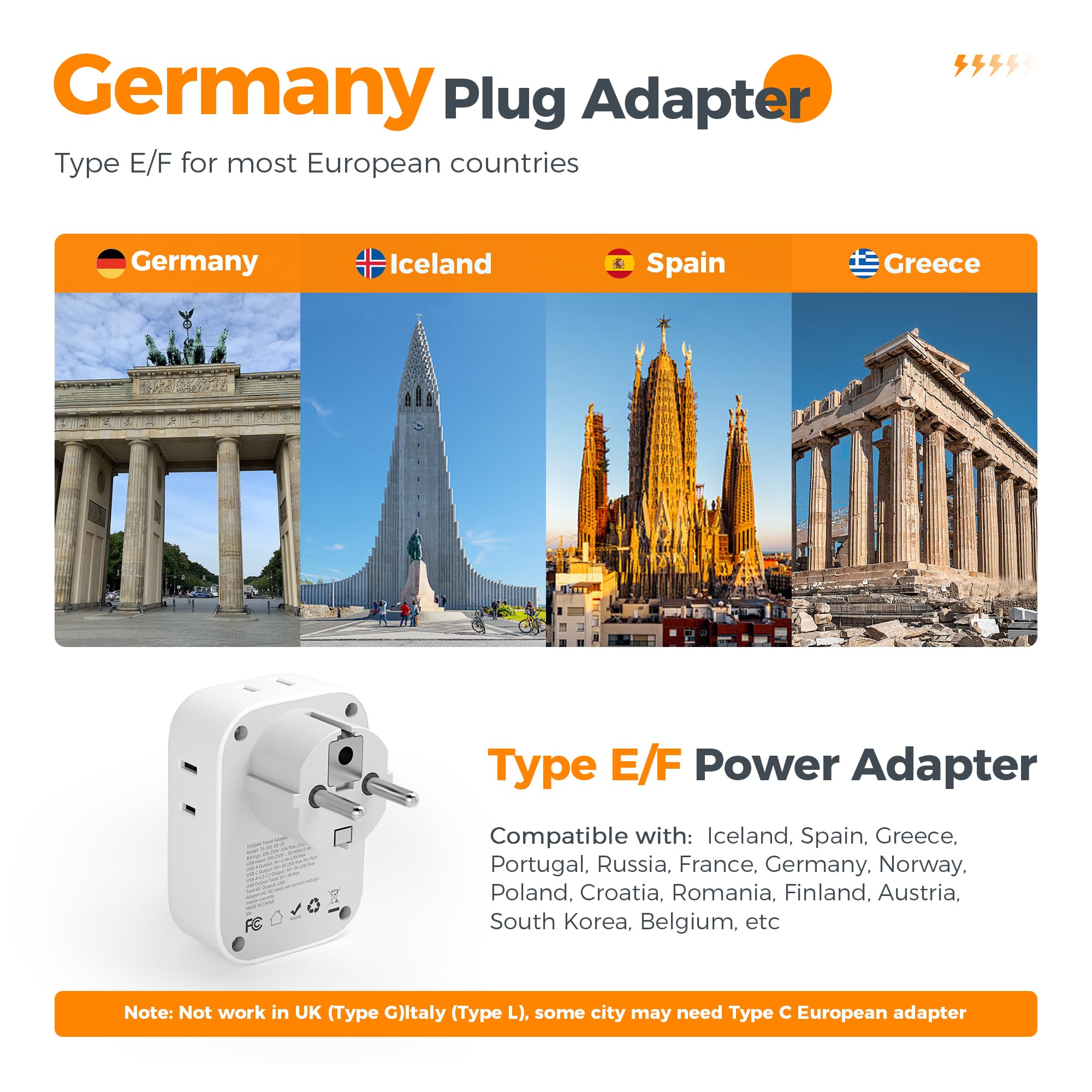 Tessan Type E F Plug Adapter, France Power Adaptor With 3 Usb Ports(2 Usb C), 4 Ac Outlets Travel Converter Us To Europe Eu Germ