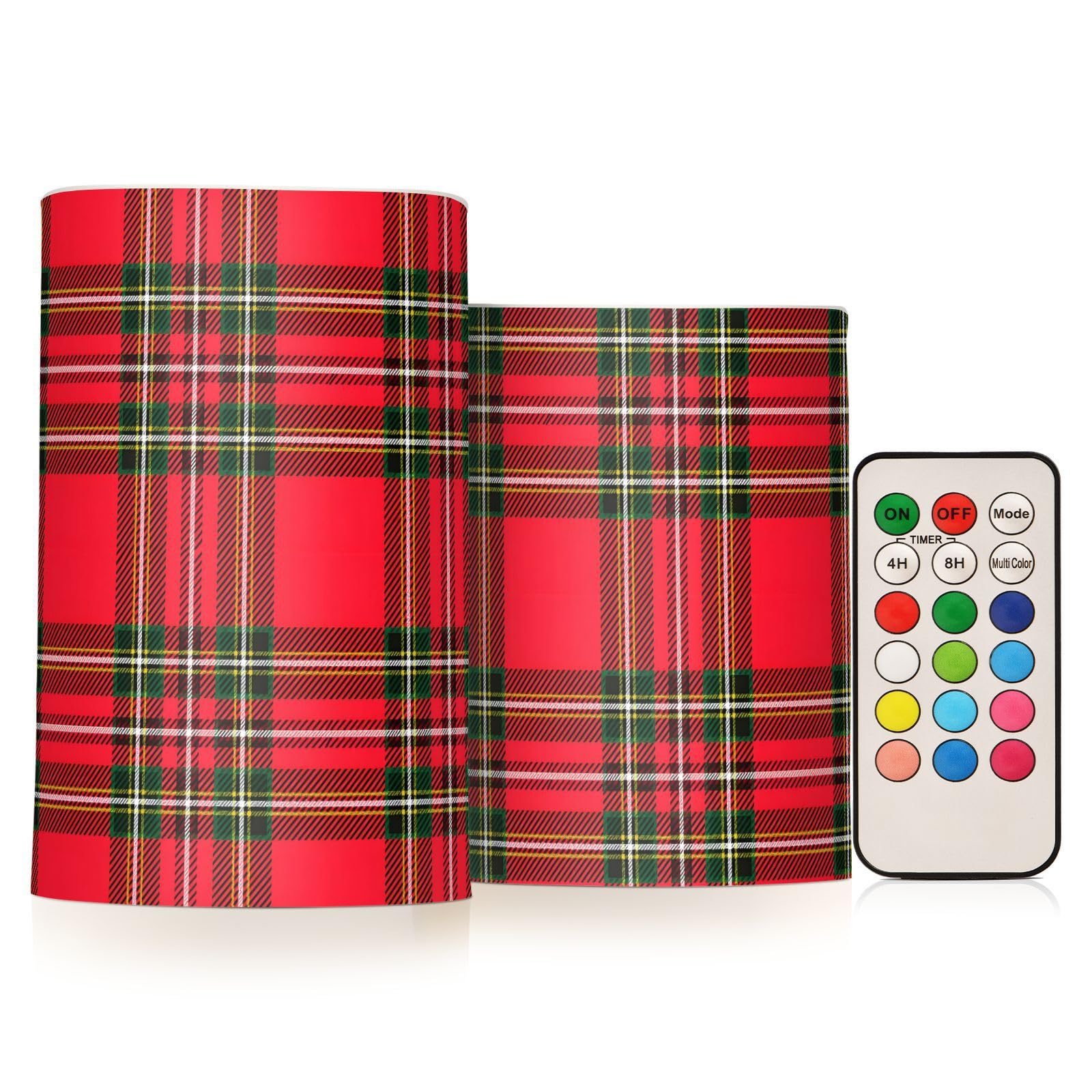 BOENLE Flickering Flameless Candles, Red Green Tartan Plaid Christmas LED Candles with Remote Timer, Set of 2 Battery Operated C