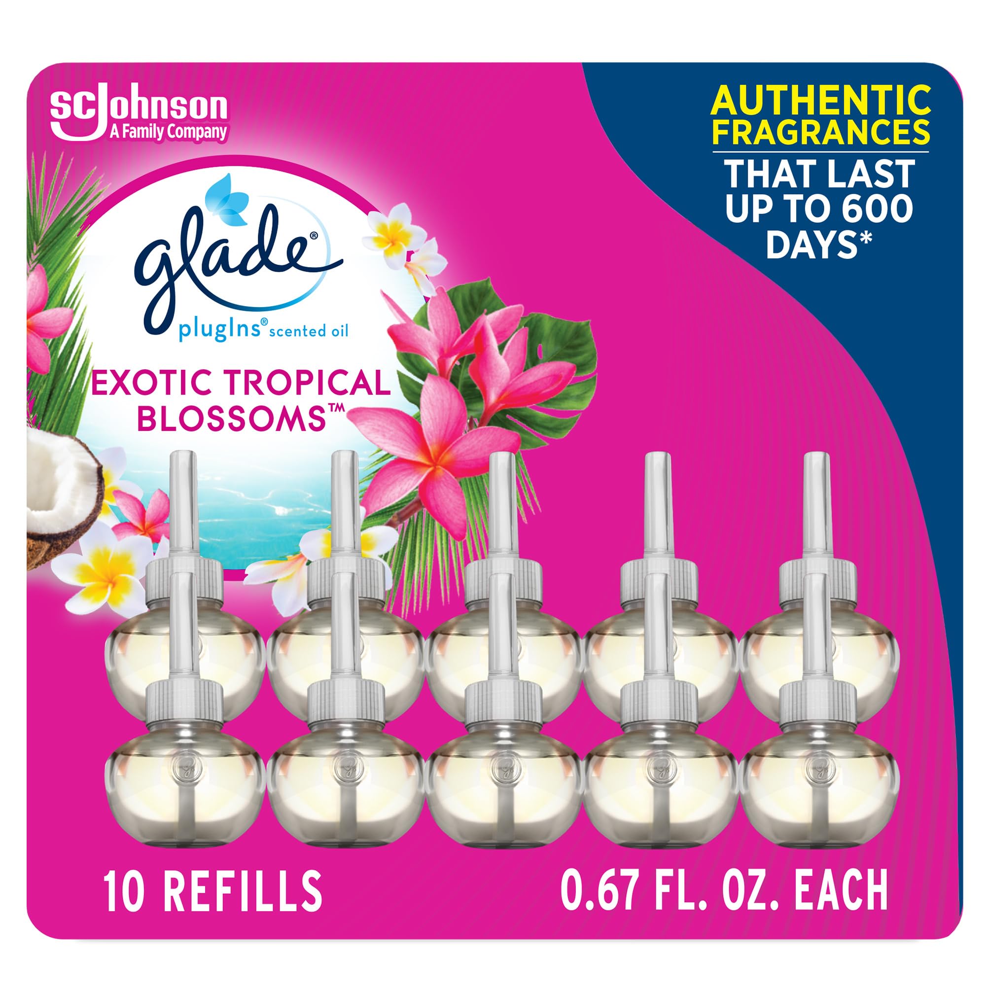 Glade Plugins Scented Oil 10 Refills, Air Freshener, Exotic Tropical Blossoms, 10 X 0.67 Oz, Packaging May Vary