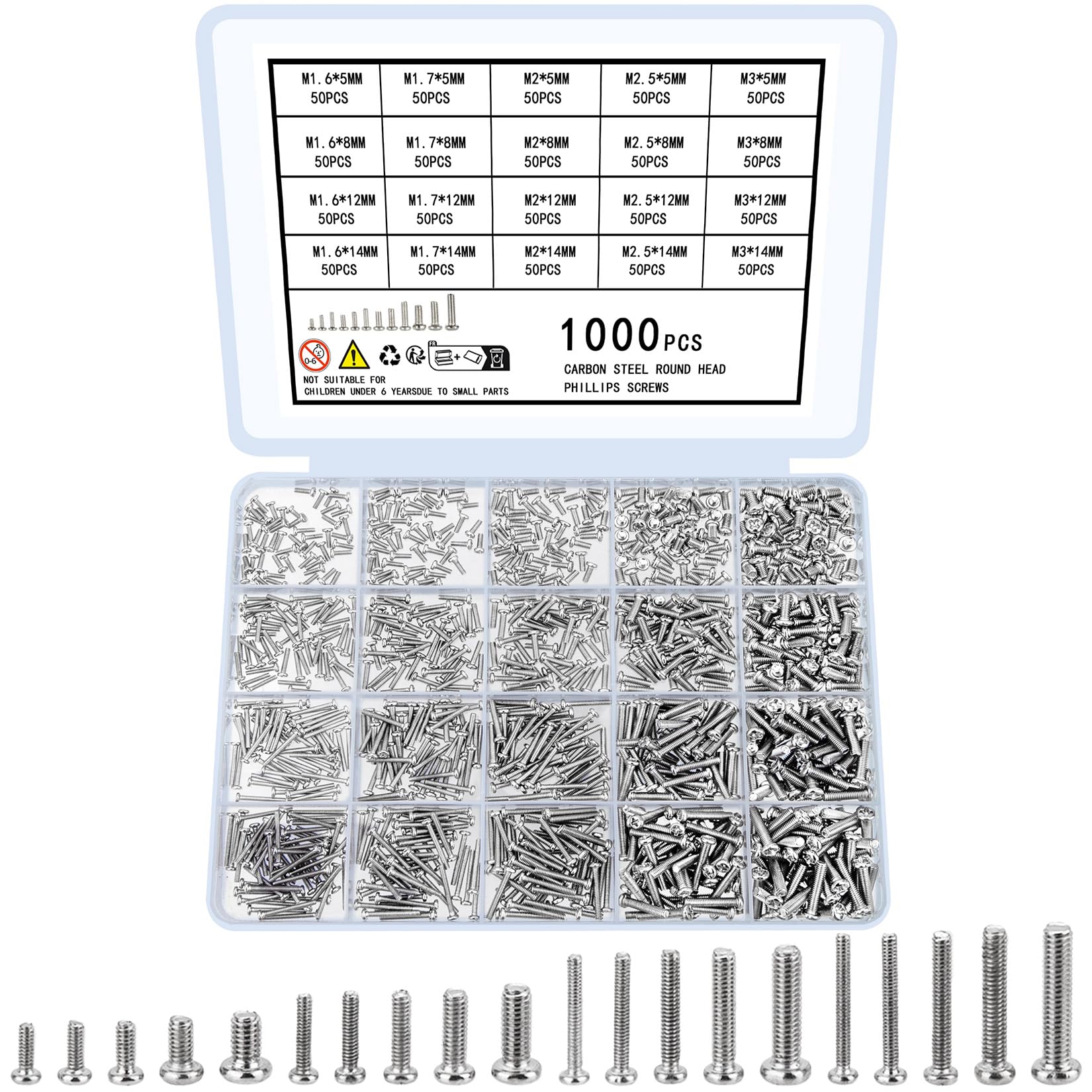 Woshilaods 1000 Pcs Tiny Screws For Electronics, M1.6 M1.7 M2 M2.5 M3 Round Head Mini Screws, Replacement Computer Screws, Small