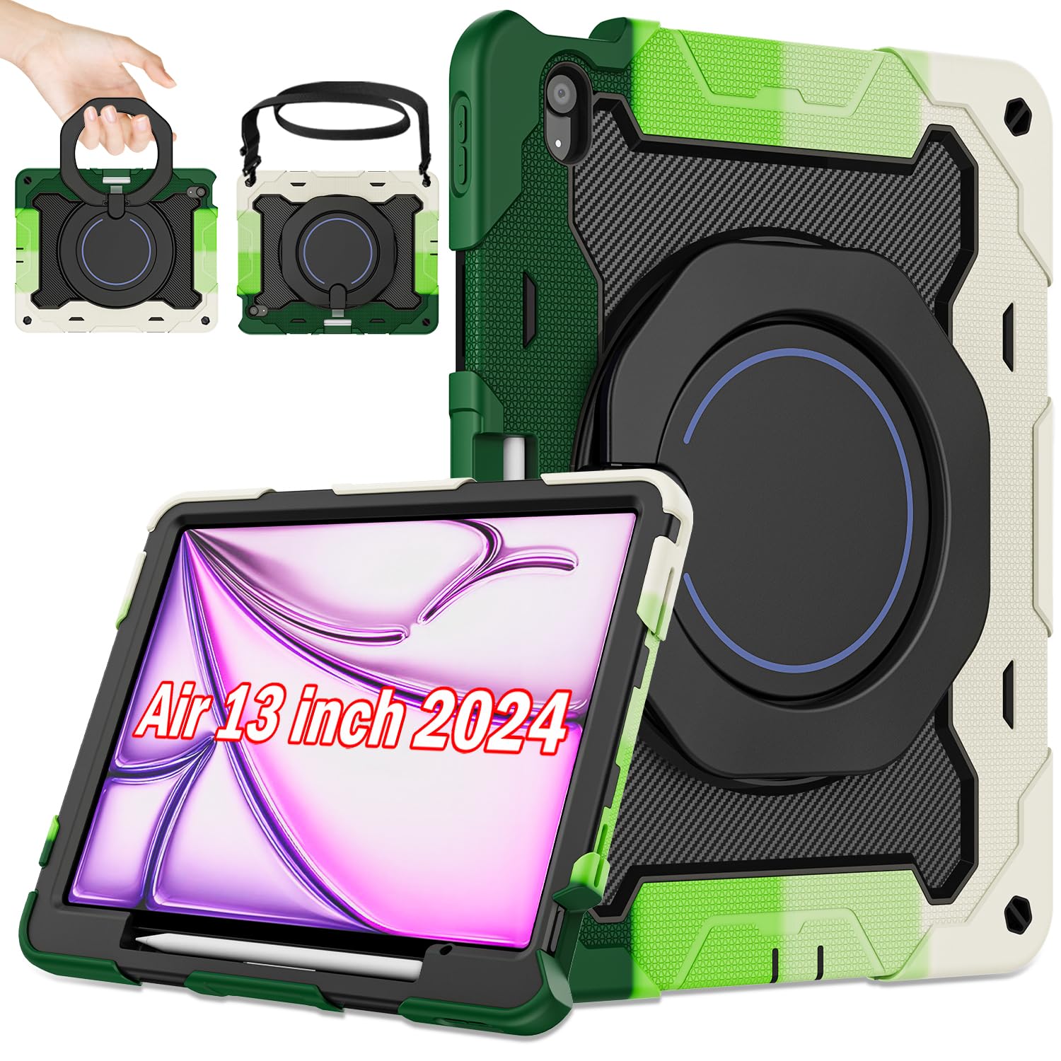 Roiskin For Ipad Air 13 Inch Case M2 2024 With Hd Screen Protector & Shoulder Strap & Pen Holder [ 15Ft Drop Protection] Heavy D