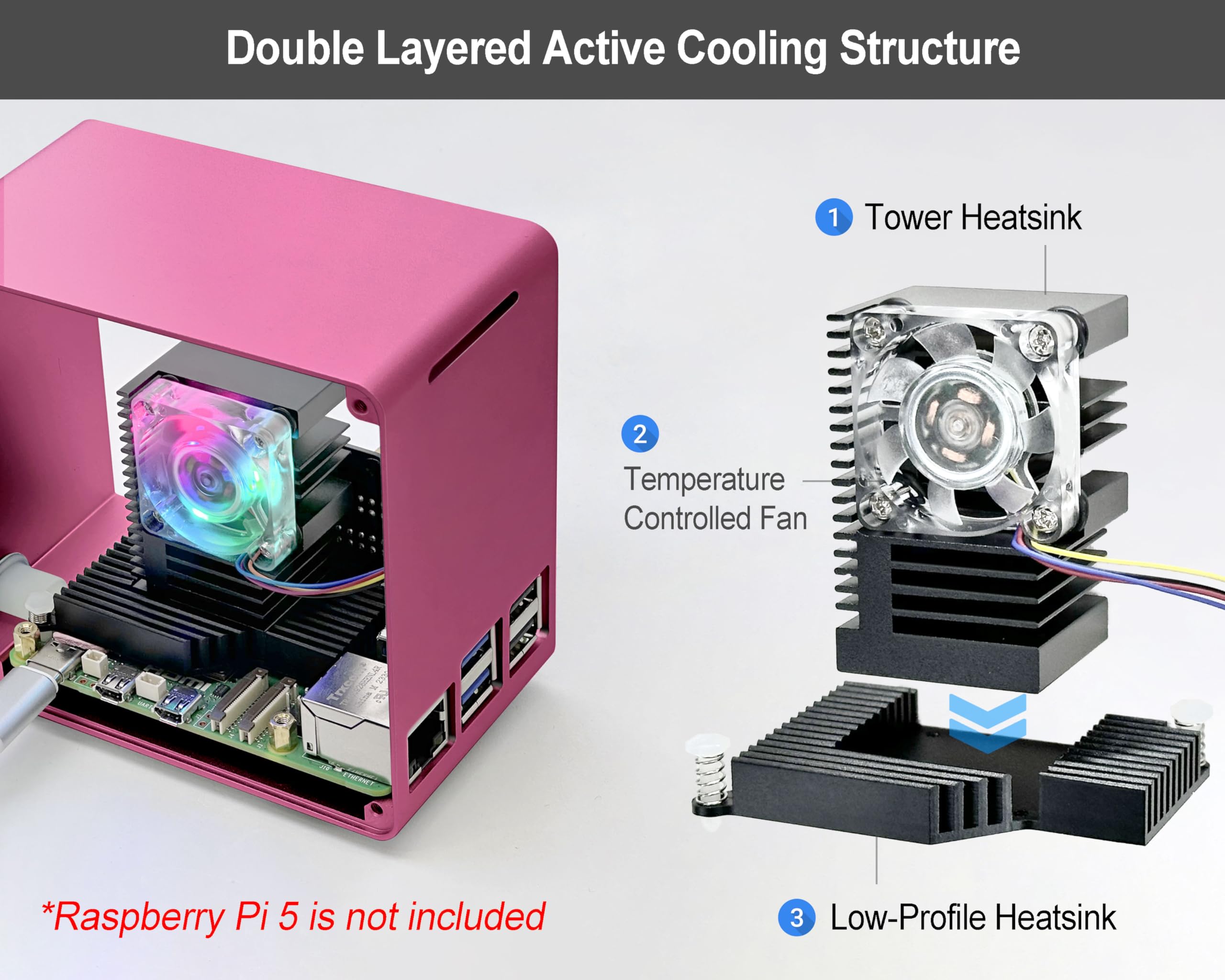 Electrocookie Raspberry Pi 5 Case, Aluminum Mini Tower Case With Cooling Fan And Color Changing Ambient Light (Pink)