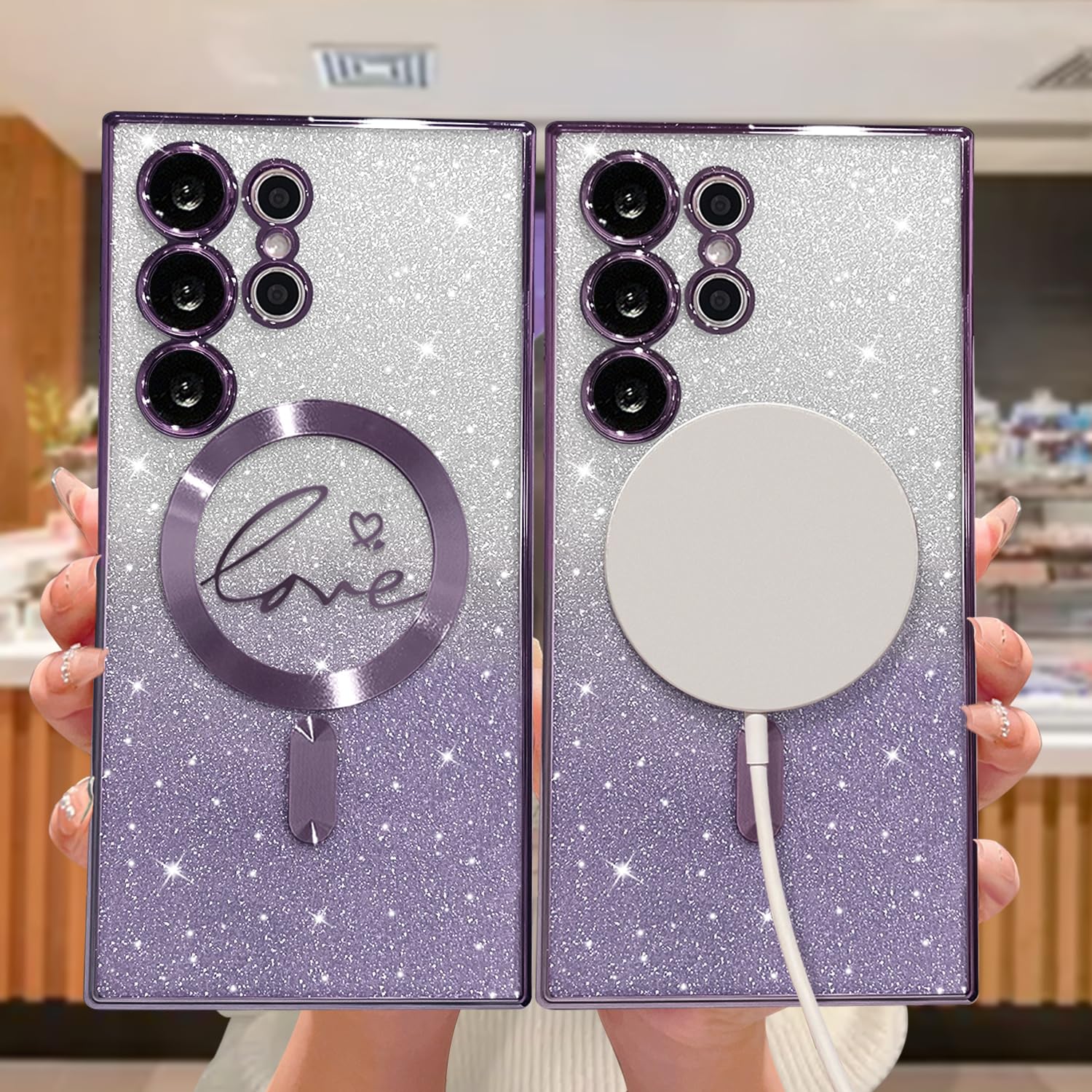 Zonrw For Samsung Galaxy S24 Ultra Case Magnetic,For Women Girl Soft Cute Luxury Love Heart Plating Bling Gradient Glitter Clear