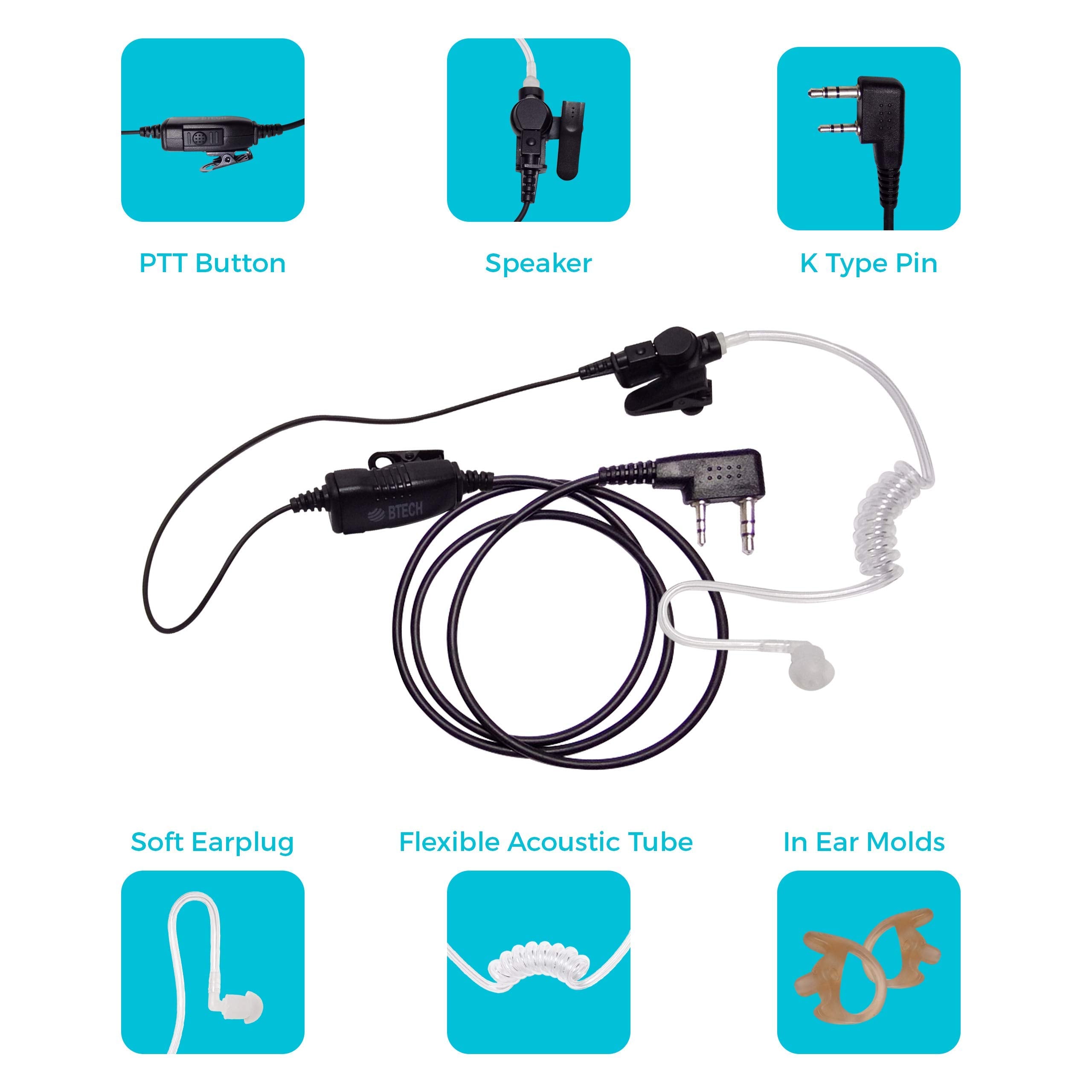 Btech Qhm07 Platinum Series Noise-Cancelling Earpiece With In-Line Ptt & Microphone For K1 Radios Like Baofeng, Kenwood Radios (