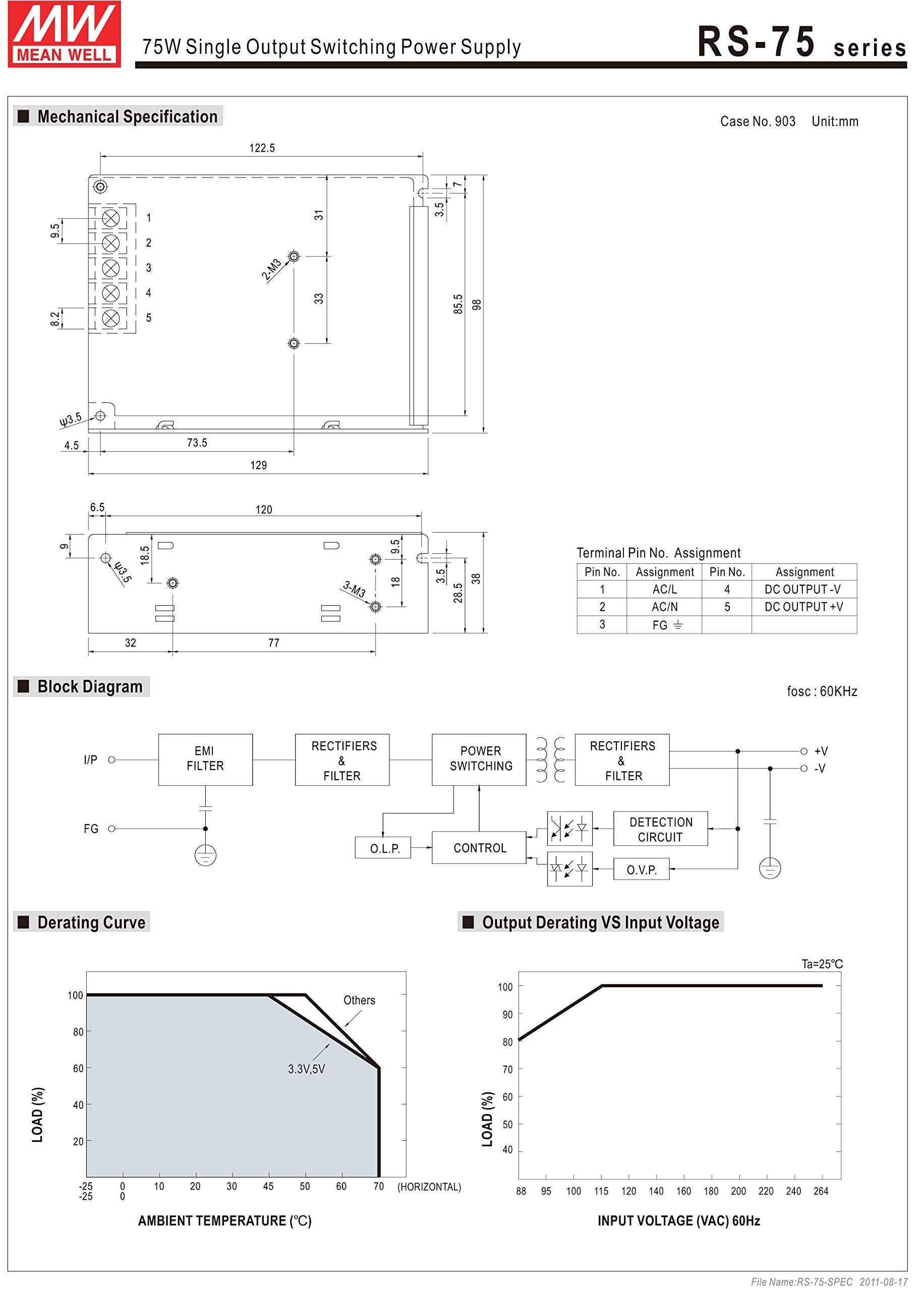 Mean Well Rs 75 12 Ac To Dc Power Supply, Single Output, 12V, 6 Amp, 72W, 1.5'   323599