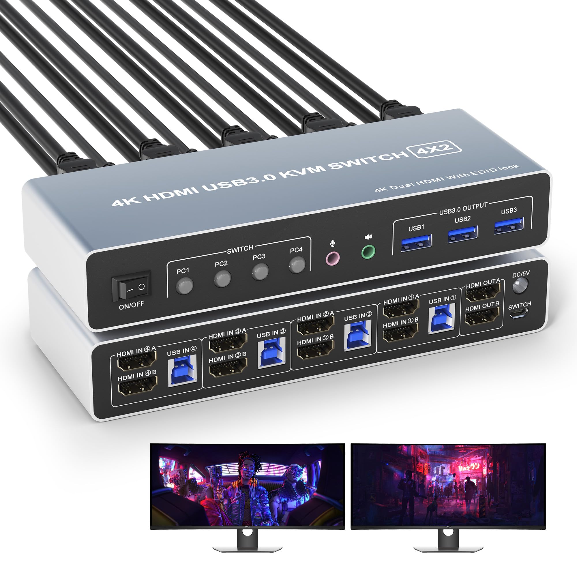 Usb 3.0 Hdmi Kvm Switch 4 Computers 2 Monitors, 4K@60Hz 4 Port Dual Monitors Kvm Switch Supports Edid, With Audio Microphone Out