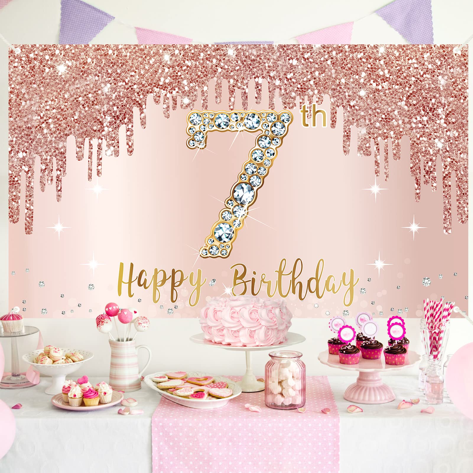Happy 7Th Birthday Banner Backdrop Decorations For Girls, Rose Gold 7 Year Old Birthday Party Sign Supplies, Pink Seventh Birthd