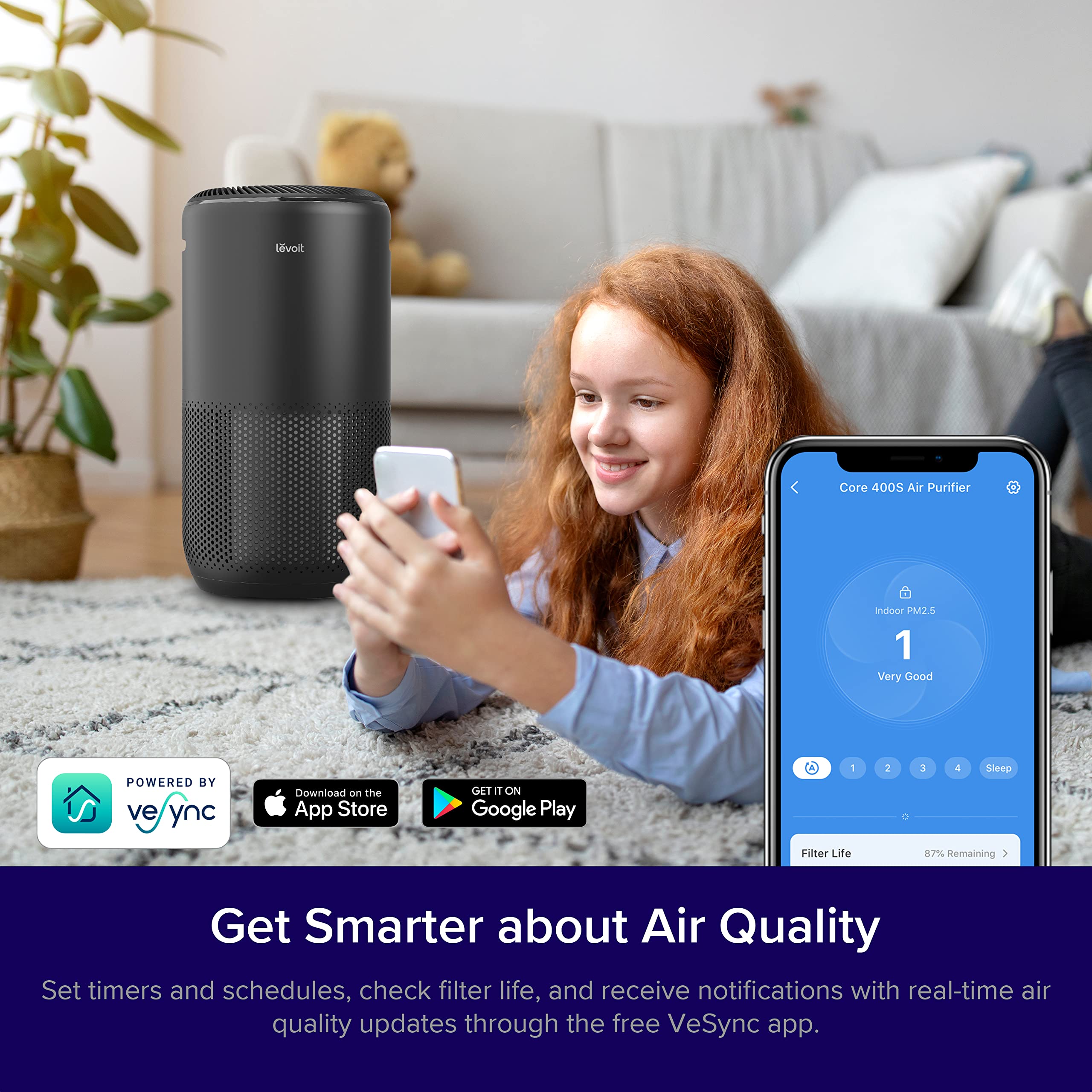 LEVOIT Core 400S Air Purifier for Large Rooms up to 1980 Ft², Smart WiFi, Auto Mode, Dark Black
