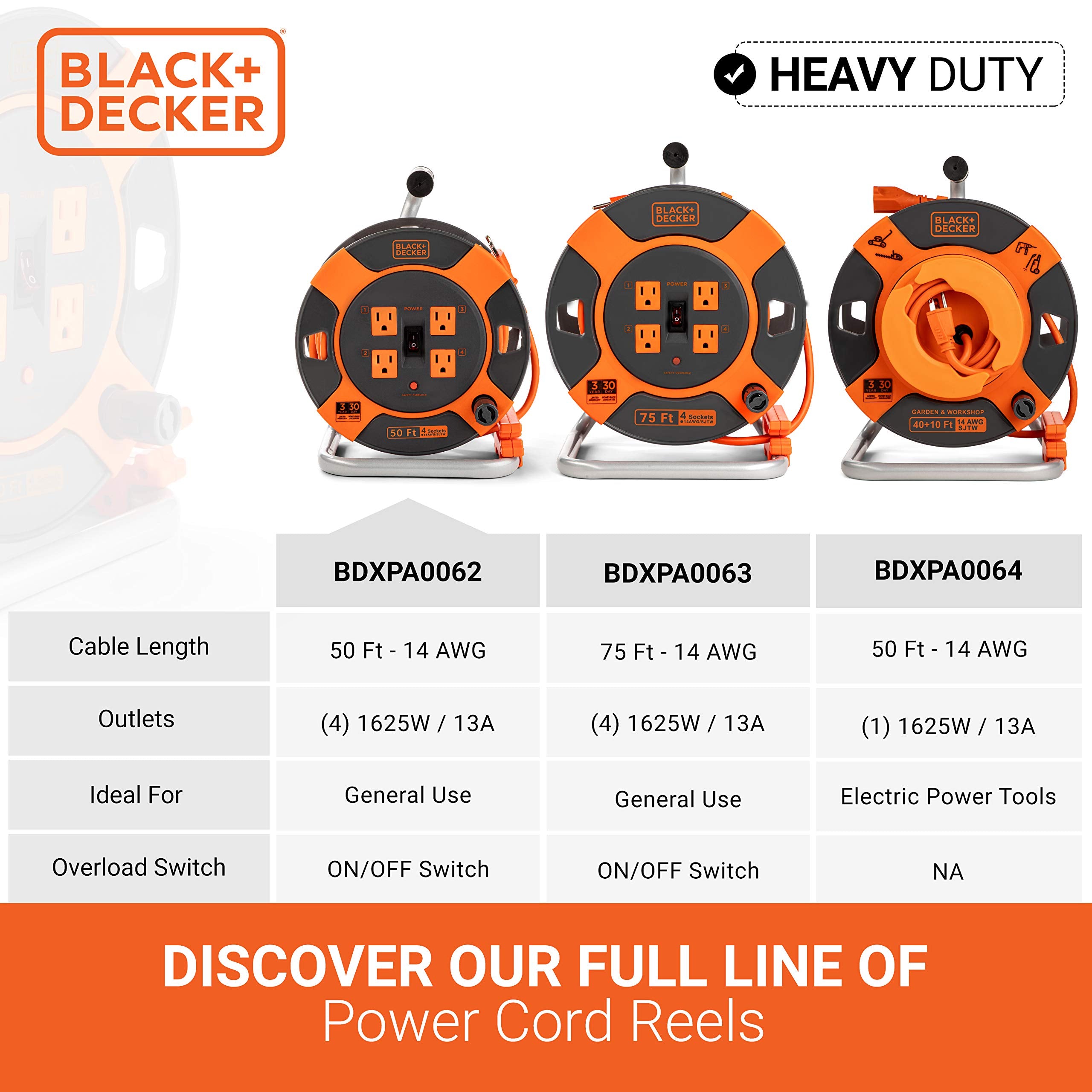Black+Decker 50 Ft. Retractable Extension Cord Reel With 4 Outlets, Multi Plug Extension, Easy Handle Rewind & Heavy Duty 14Awg