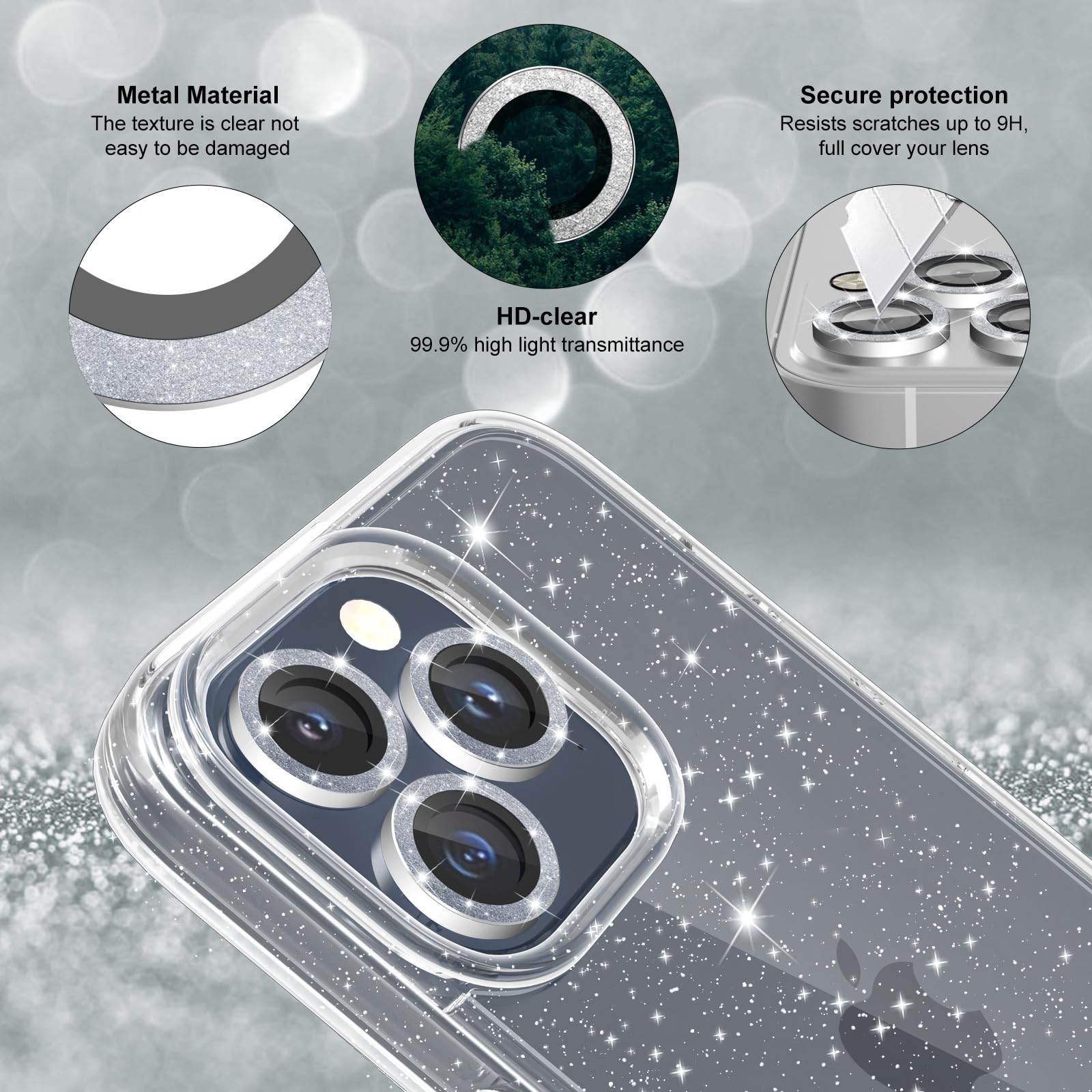 Jasmeas Design For Iphone 15 Pro Case Clear Glitter, With [2 Pack] Screen Protector & [3 Pack] Camera Lens Protector Sparkle Pc