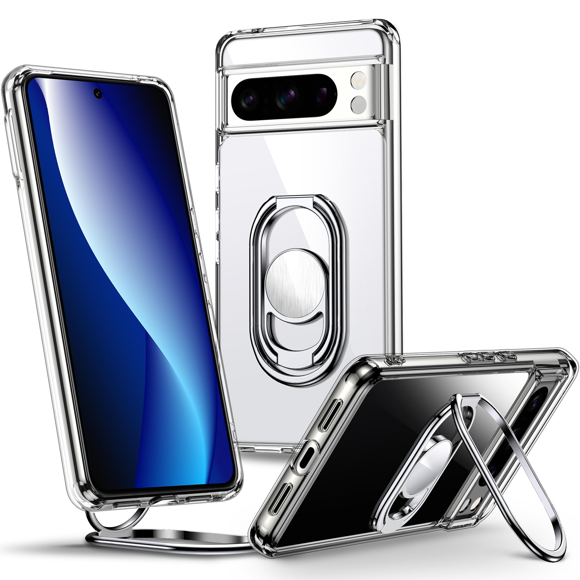 Shields Up for Google Pixel 8 Pro Case with Stand, Pixel 8 Pro Case Clear with Double Ring Holder [Adjustable & Foldable] Shockp