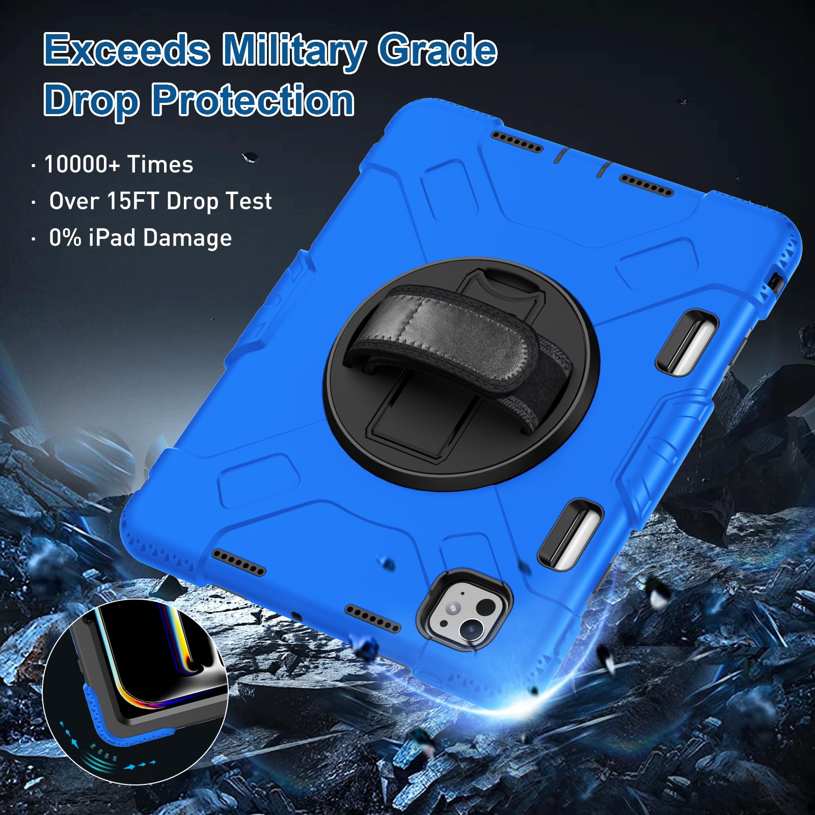 Supfives Case For Ipad Pro 11 Inch 2024 (5Th Gen), With Screen Protector/Shoulder Strap/Pencil Holder/Handle/Rotating Stand, Blu