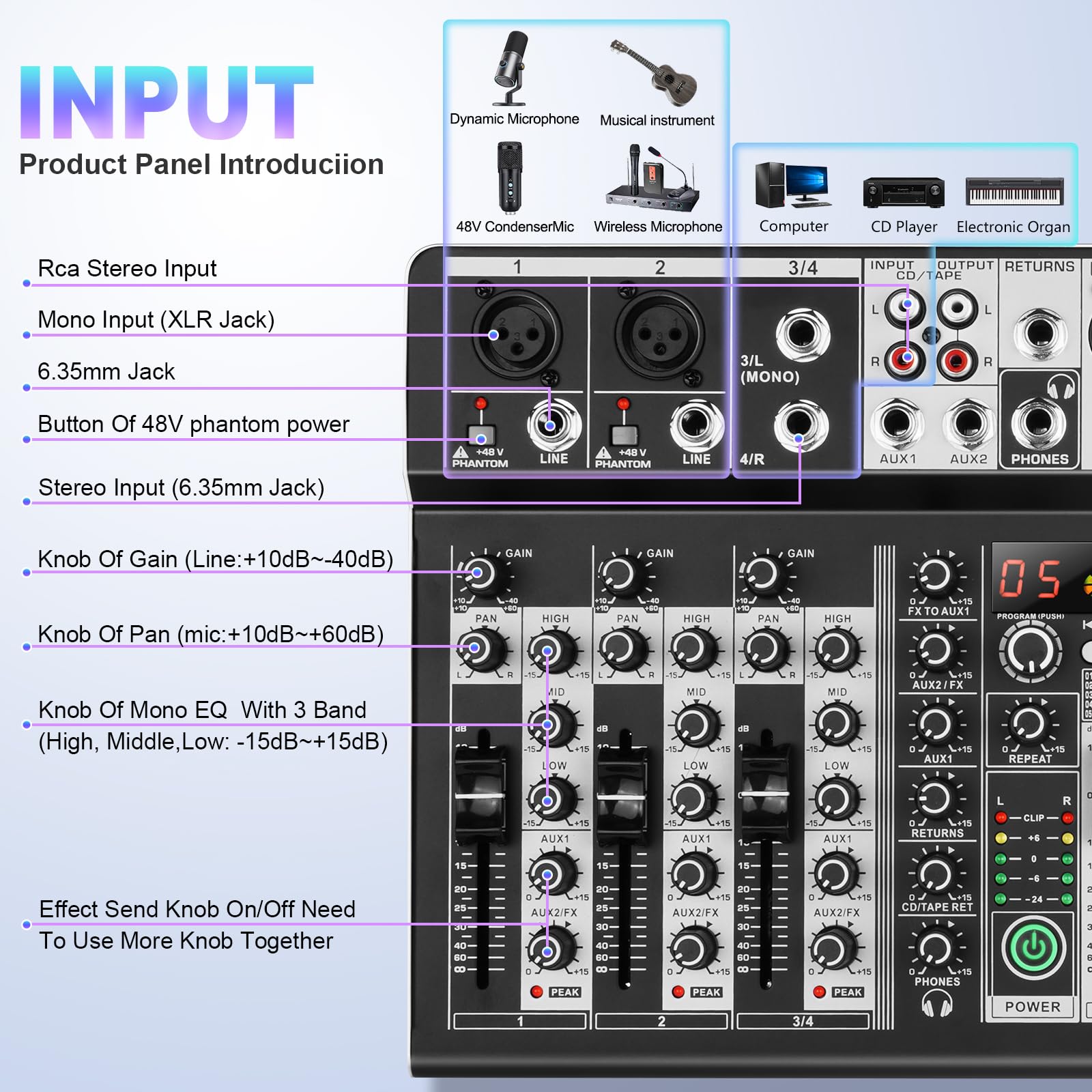 8 Channel Audio Mixer Dj Mixer Sound Board Console 16 Dsp Usb Audio Interface Mp3 Input +48V Phantom Bluetooth Studio Mixer Audi