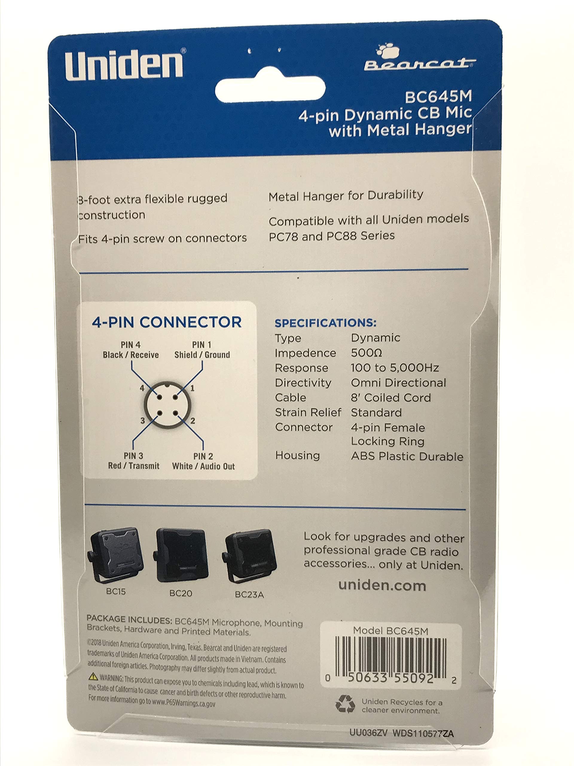 Uniden Bc645M 4 Pin Dynamic Cb Mic, With Metal Hanger For Durabilty, Compatible With All Uniden Models Pc78 And Pc88 Series
