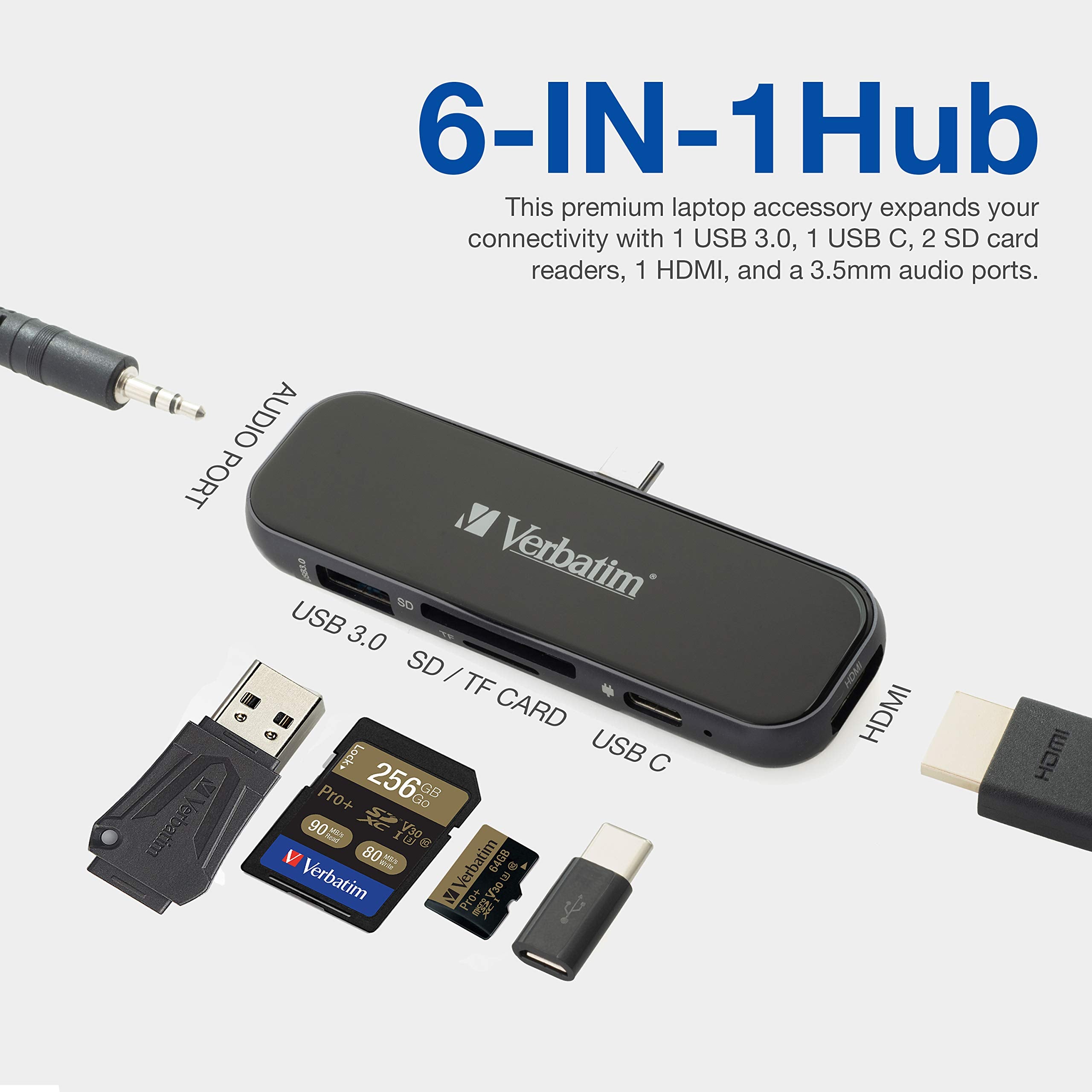Verbatim 6-In-1 Usb C Hub - Type C Hub W/ 100W Pd, Usb 3.0, Sd Card Readers, 4K Hdmi, 3.5Mm Audio Usb Hub For Laptop, Portable &