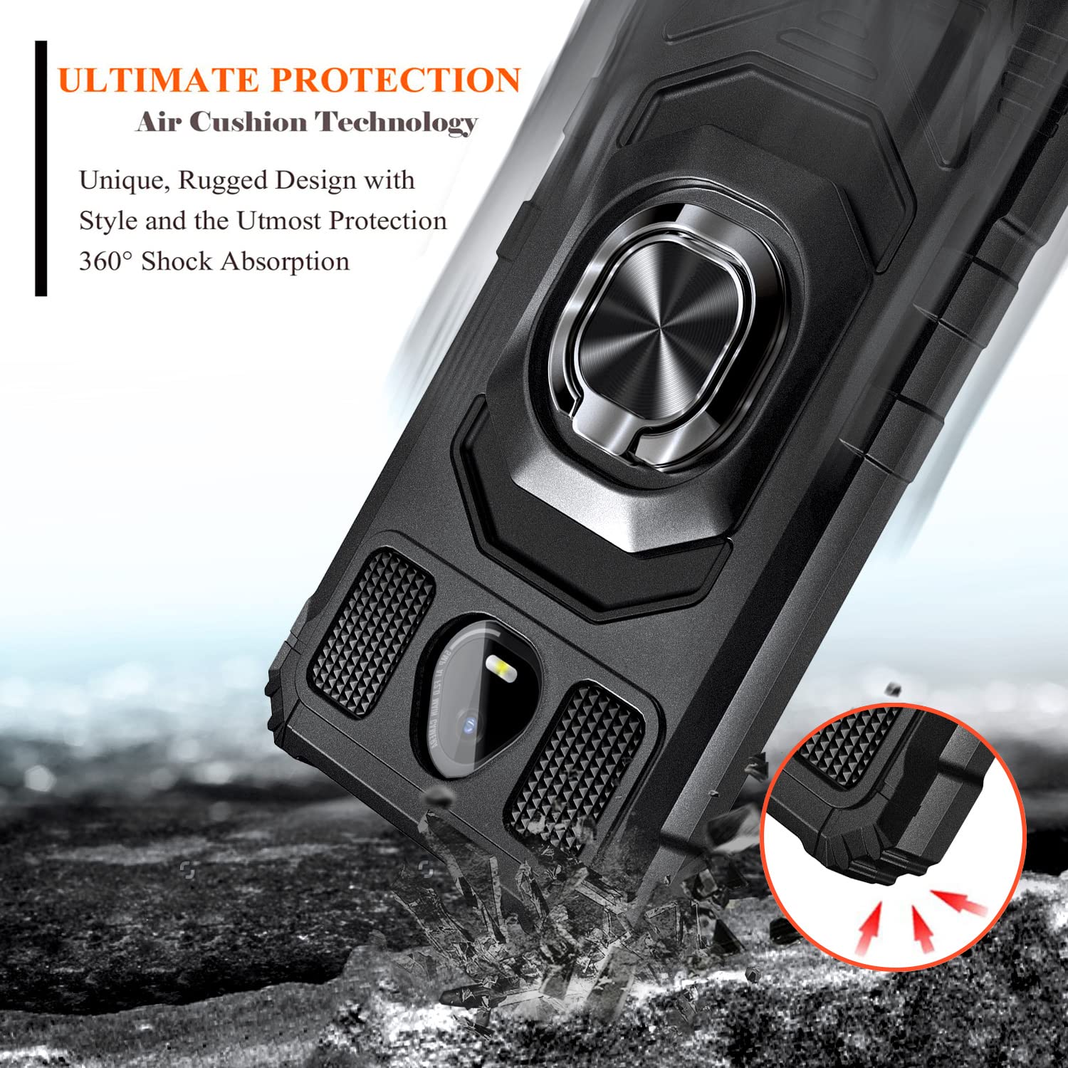 WDHD Full-Body Protective Phone Case for Schok Volt SV55 with Tempered Glass, Military-Grade, Magnetic Ring Holder, Black