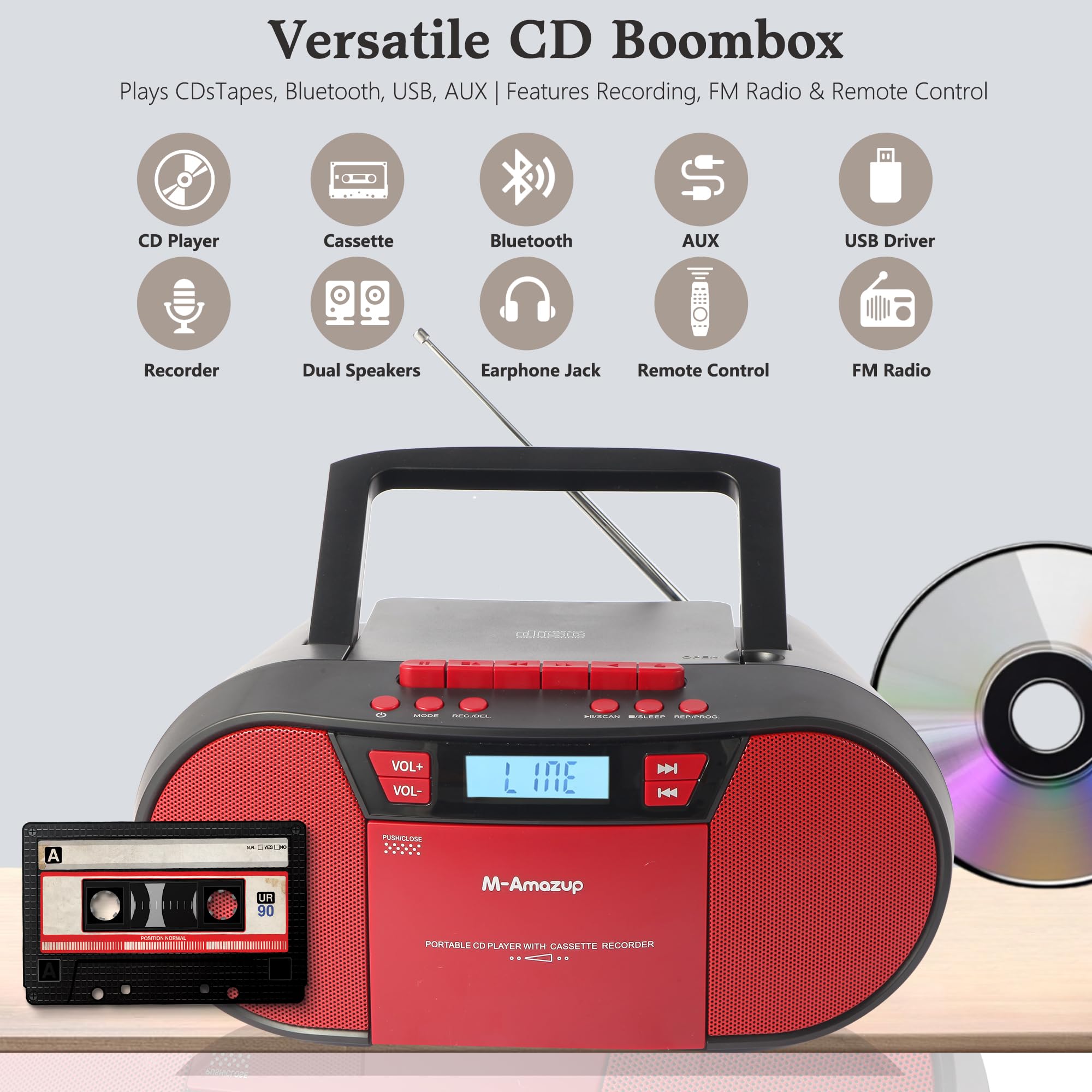 M-Amazup Boombox Cd Player Portable, Cassette Player Combo With Cd Mp3 Bluetooth Aux Tf Usb Fm Radio Ac/Dc Powered, Boom Box Wit