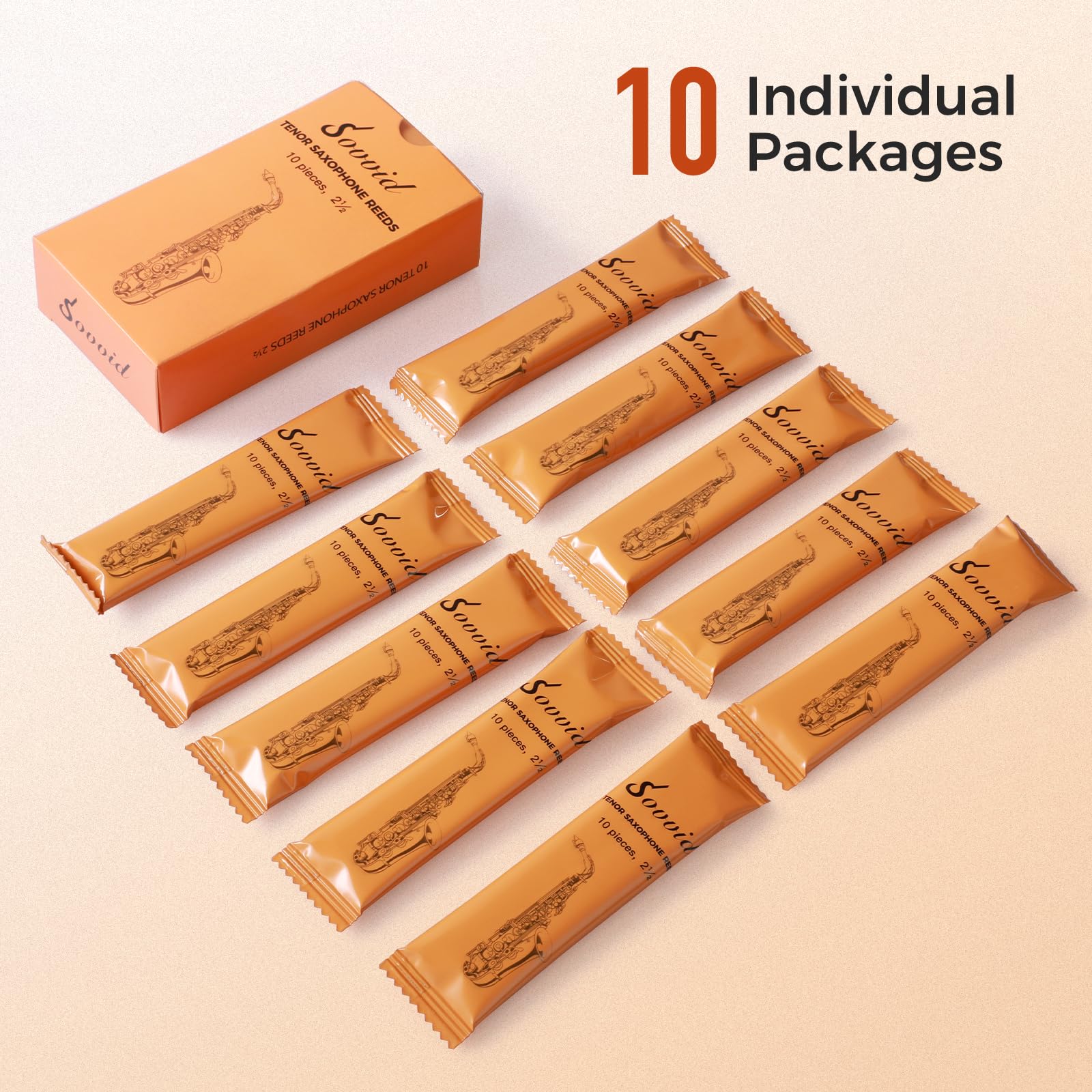 Sovvid Tenor Saxophone Reeds Strength 2.5 With Portable Reed Case, Box Of 10, Individually Packaged Tenor Sax Reeds, Laser Engra