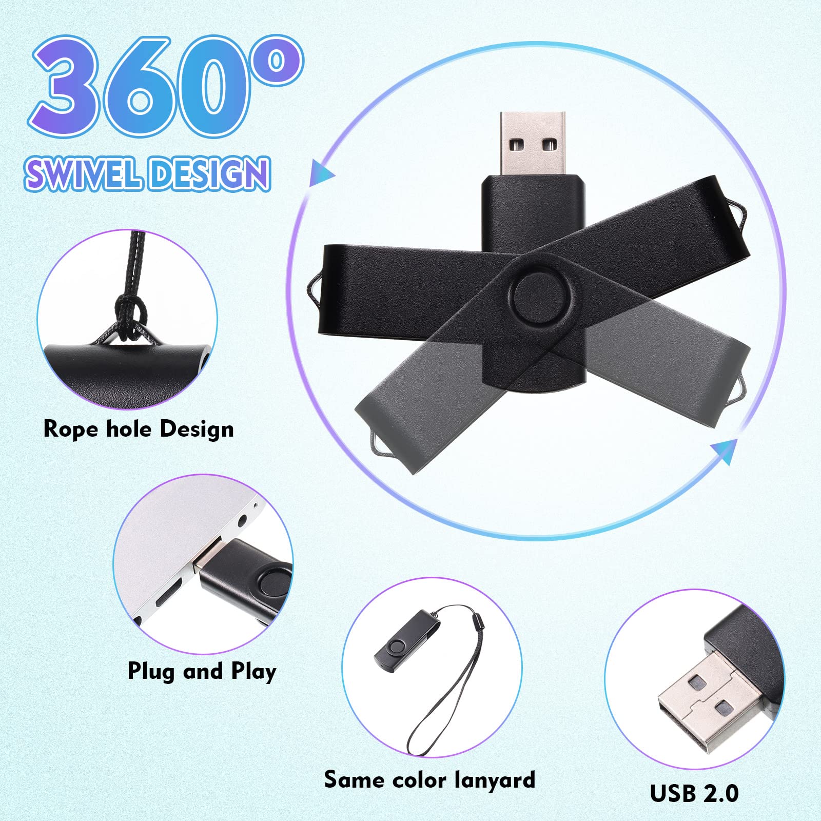 Xuhal 50 Pcs 128Mb Flash Drive Pack Portable Usb Thumb Drives With Lanyards Flash Memory Storage Device Swivel Thumb Drive Bulk