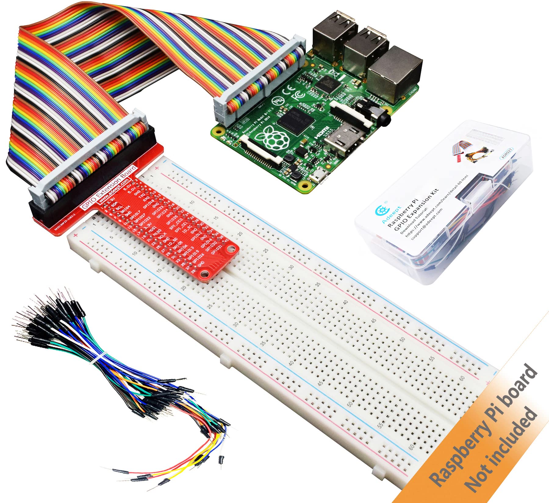 Adeept Raspberry Pi Gpio Breakout, T Type Gpio Expansion Board +830 Points Solderless Breadboard+65Pcs Jumper Cables +40Pin Rainbow Ribbon Cable, Raspberry Pi Gpio Expansion Kit