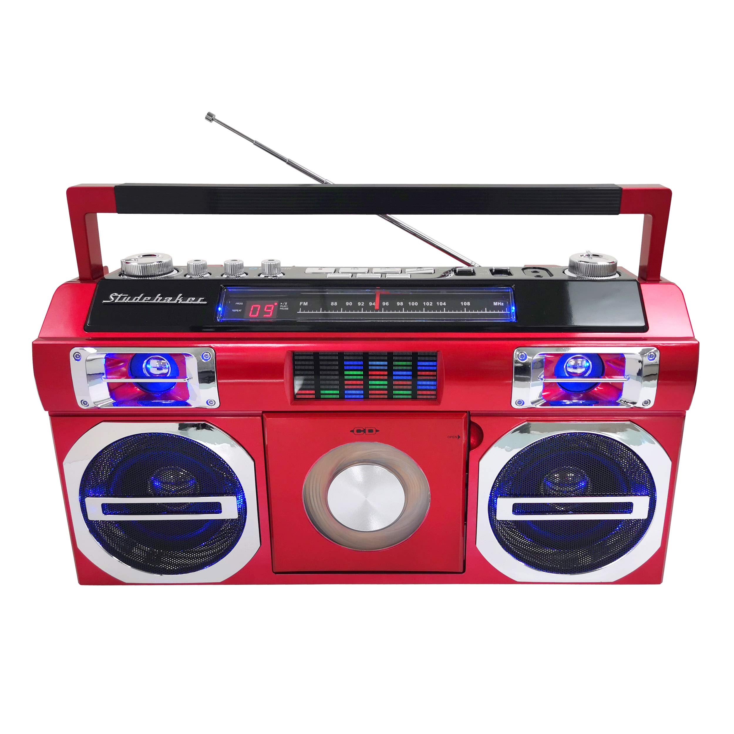 Studebaker Sb2145R 80S Retro Street Bluetooth Boombox With Fm Radio, Cd Player, Led Eq, 10 Watts Rms Power And Ac/Dc In Red