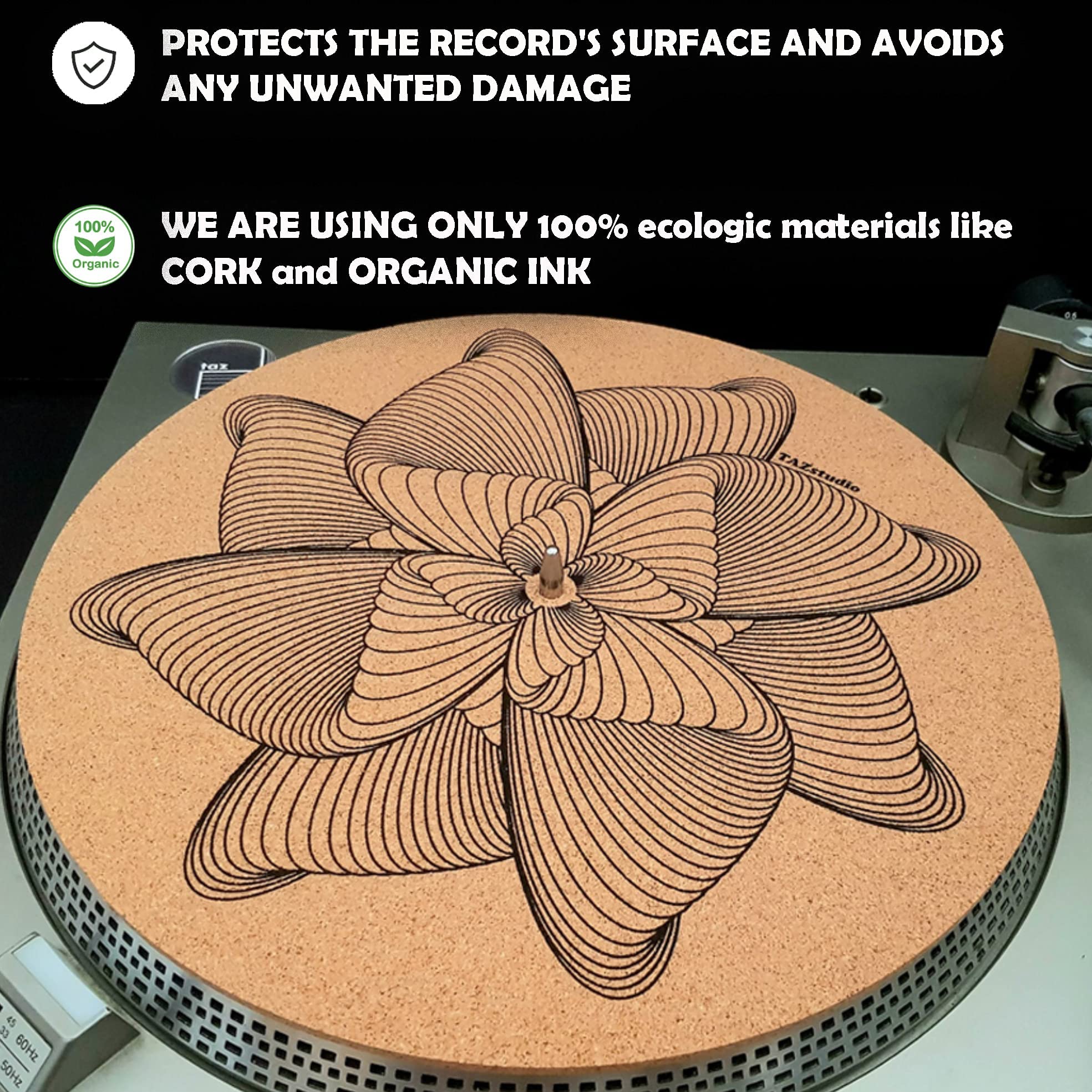 Tazstudio Premium Slipmat   Cork Turntable Mat For Better Sound Support On Vinyl Lp Record Player   Cork Mat Original Geometric