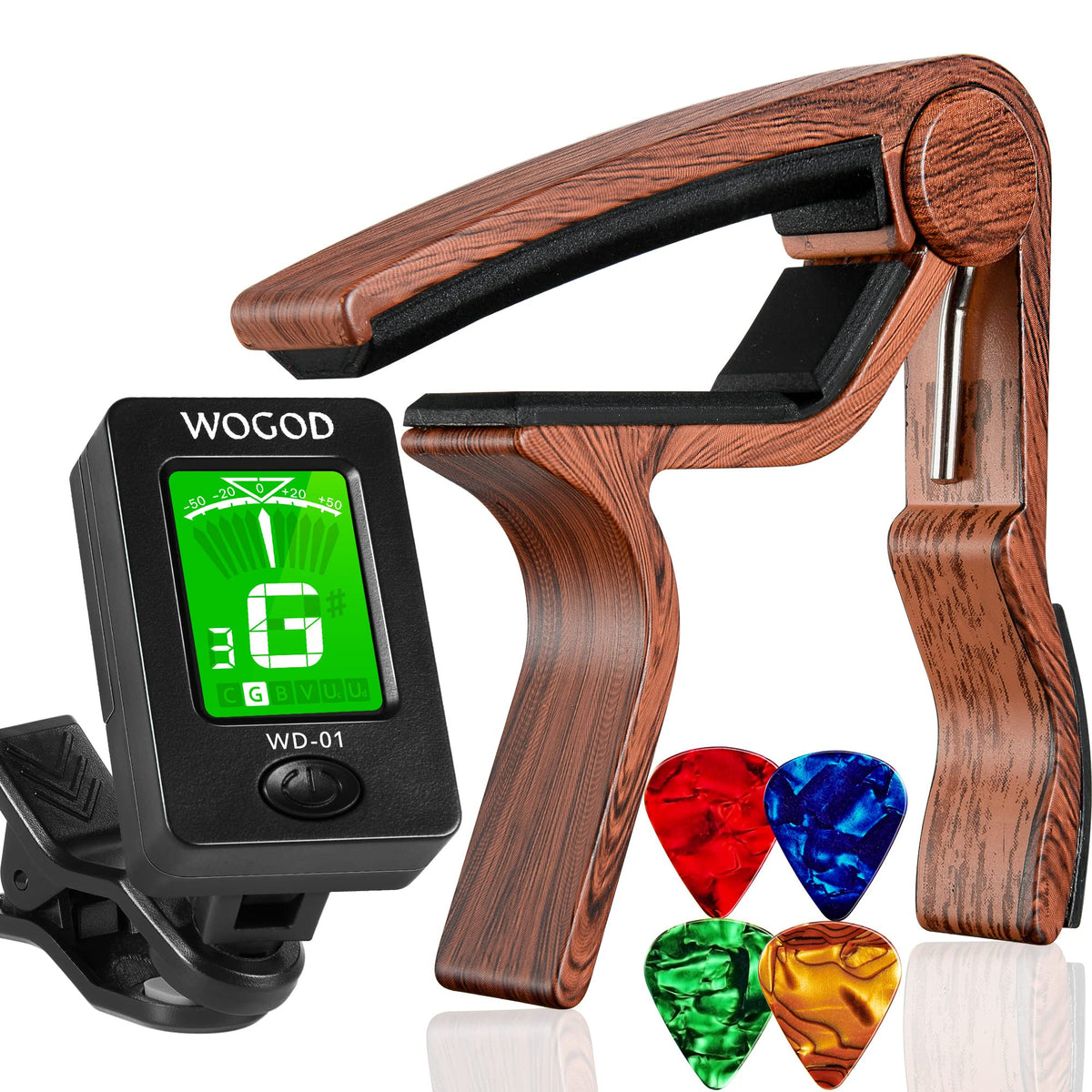 Guitar Tuner And Guitar Capo, Clip On Tuner With Rosewood Color Capo For Acoustic Electric Guitar Bass Ukulele