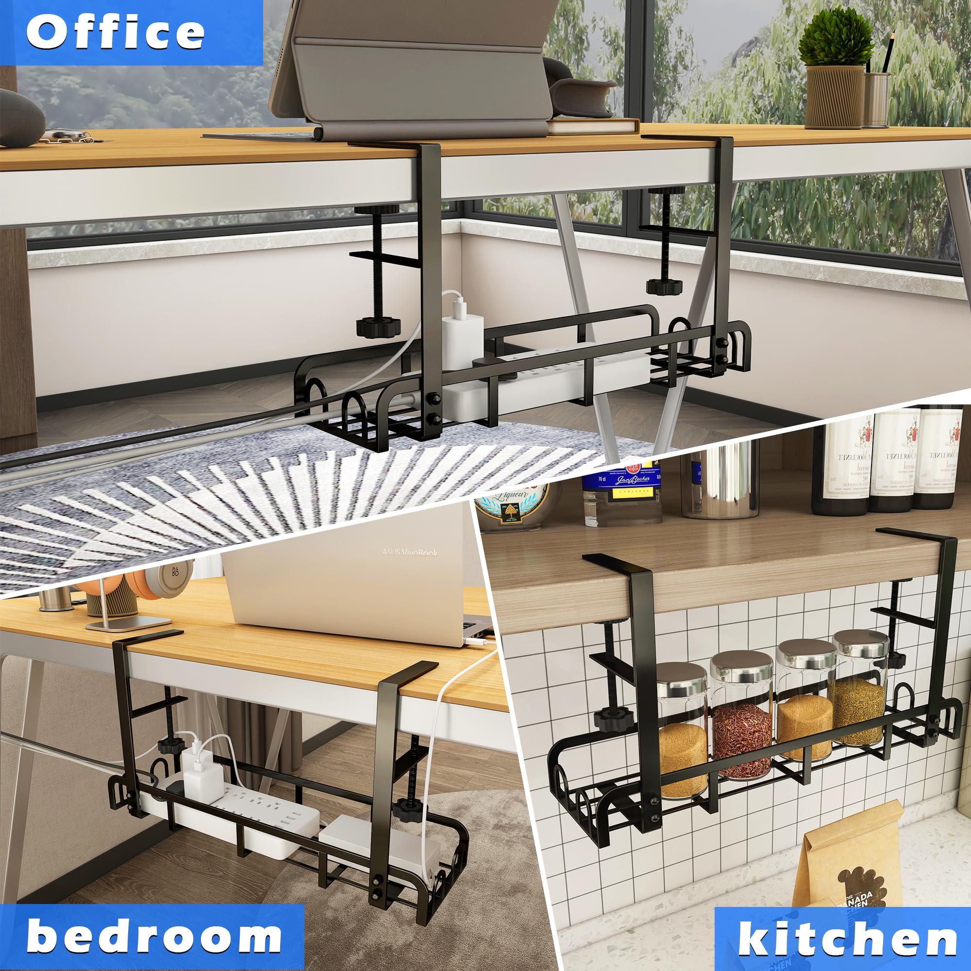 Sleclean Under Desk Cable Management Tray, Upgraded Long Arm Clamp, 16.6''X4.7'' No Drill Steel Desk Cable Organizers, Cable Tra