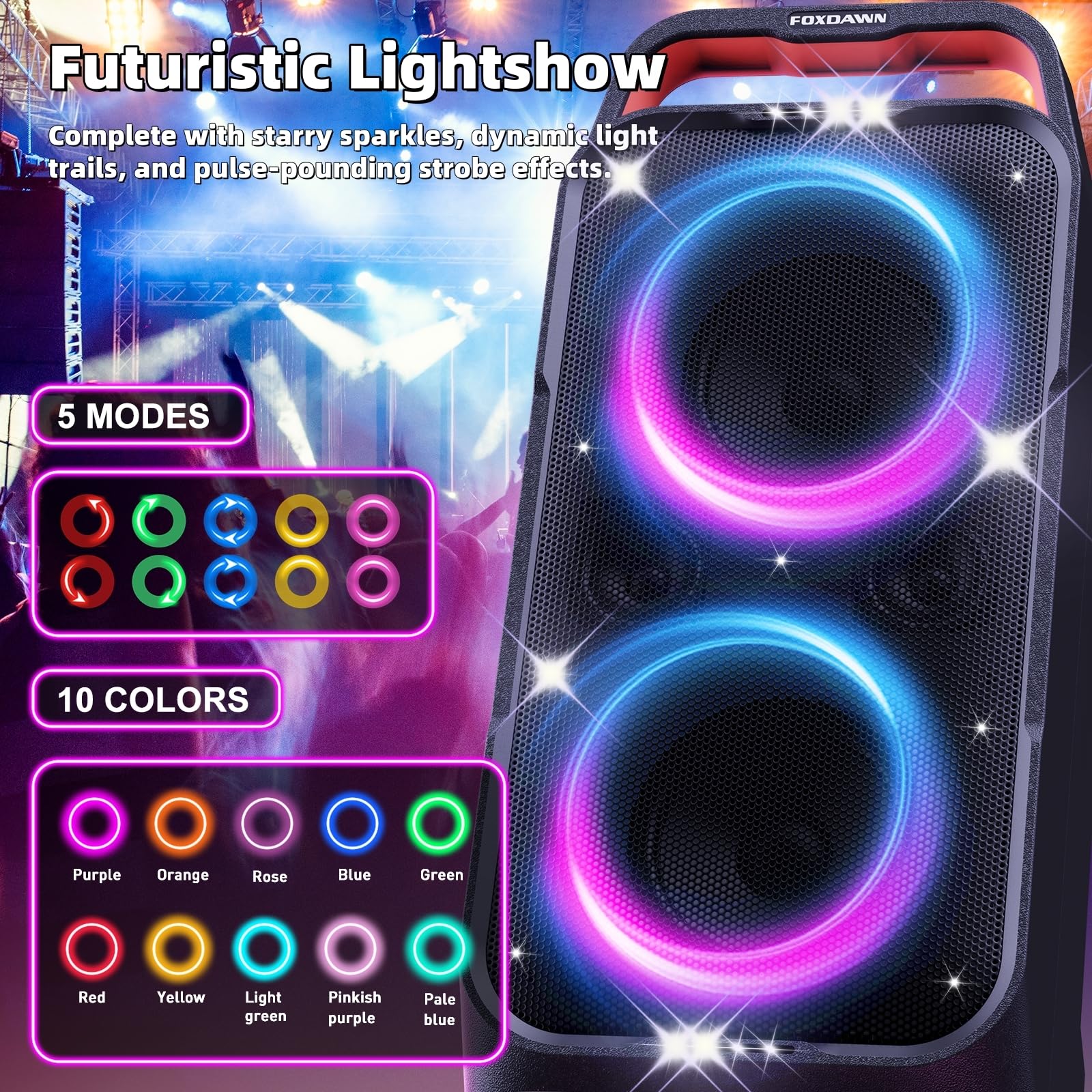 Foxdawn Portable Bluetooth Speaker: 240W Peak Powerful Loud Sound Deep Bass Wireless Boombox Large Subwoofer 15 Hours Battery Li