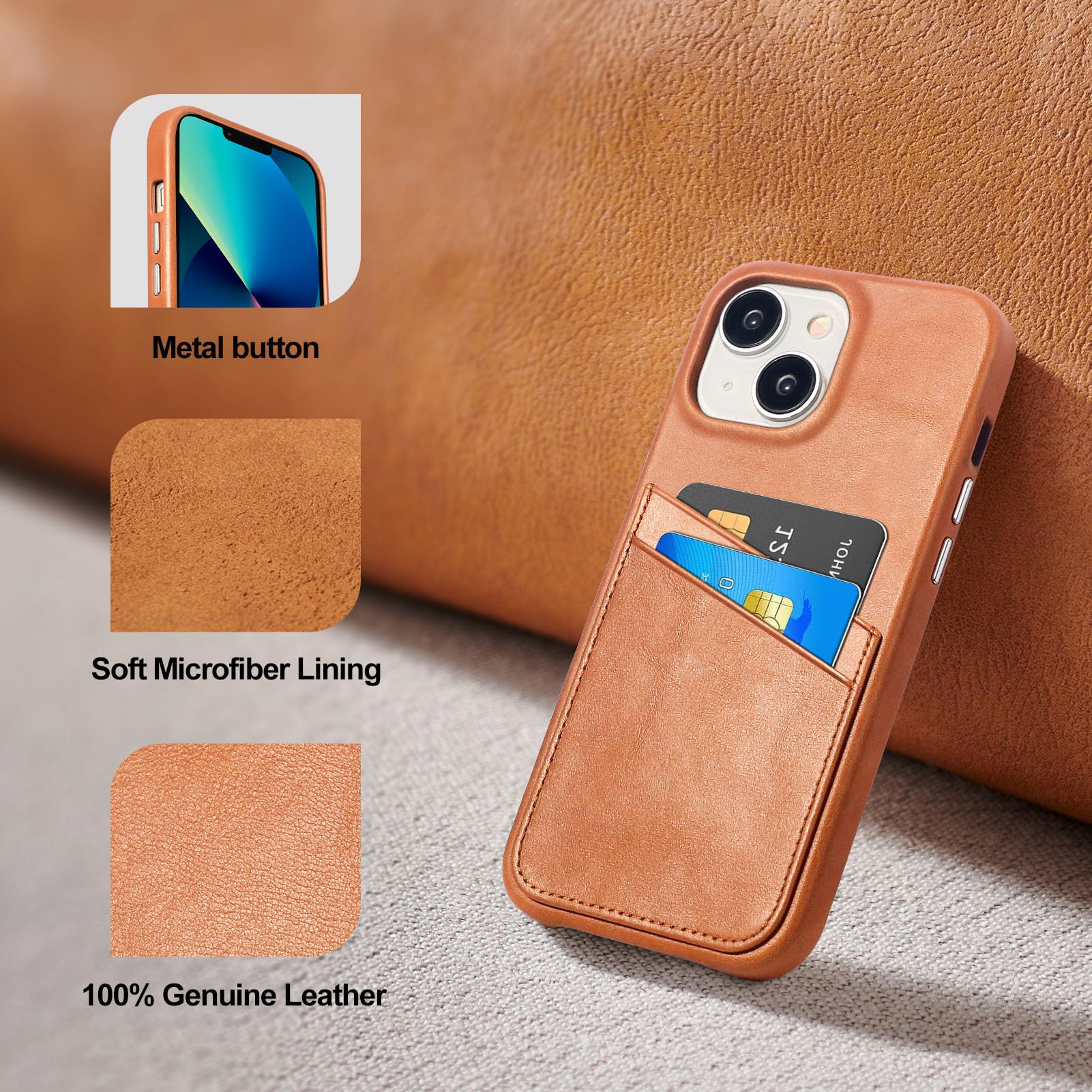 LUCKYCOIN Genuine Leather iPhone 13 Wallet Phone Case with Card Holder Shockproof Tan 6.1 inch