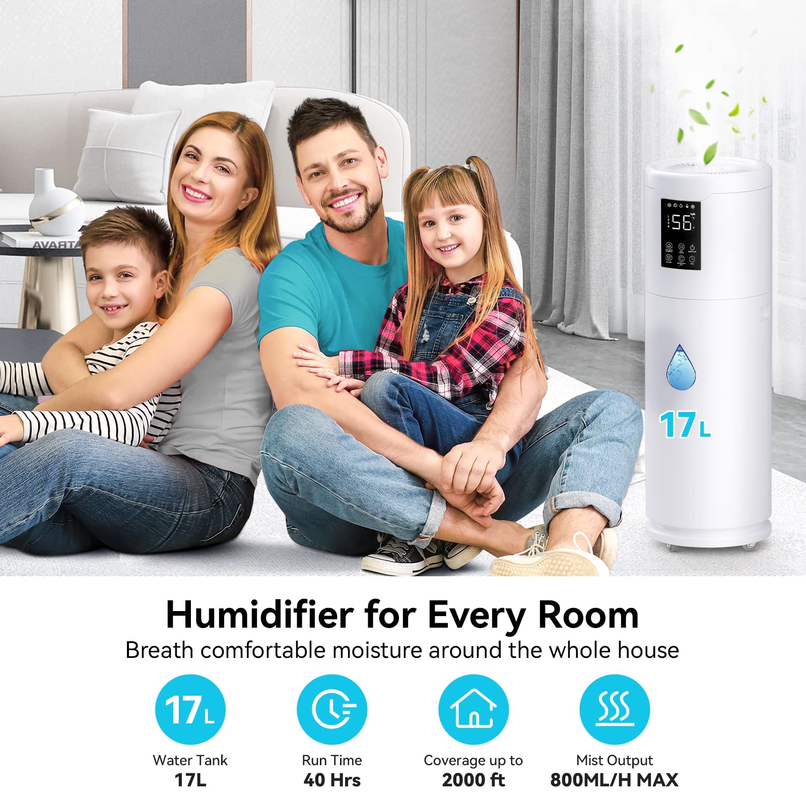 Humidifiers For Large Room Home Bedroom 2000 Sq.Ft. 17L/4.5Gal Large Humidifier With Extension Tube & 4 Speed Mist,Top Fill Whol