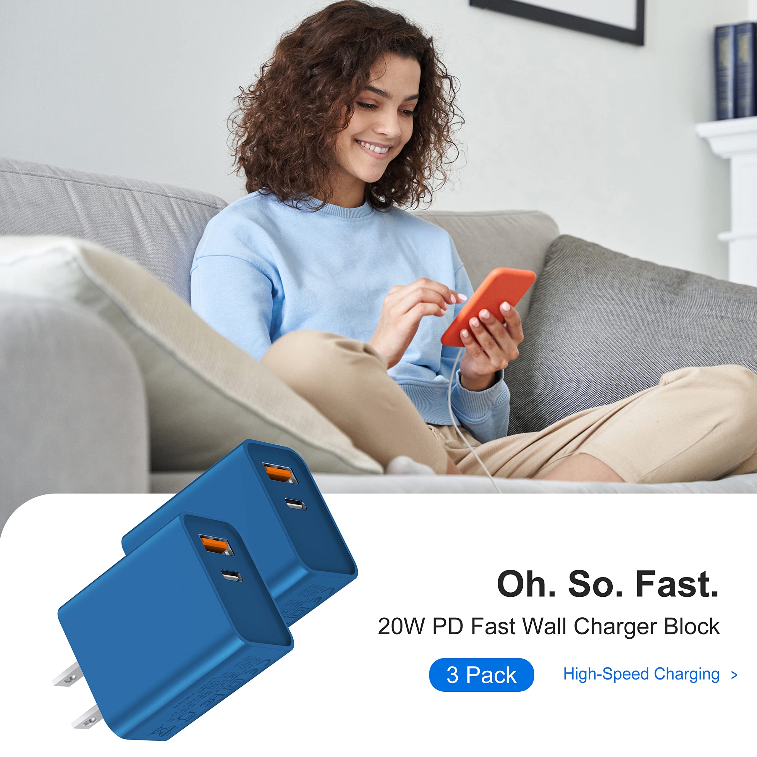 Usb C Wall Charger, 3Pcs 20W Pd + Qc3.0 Usbc Charger Block Super Fast Power Output Rapid Charging Box Wall Plug Cube For Iphone