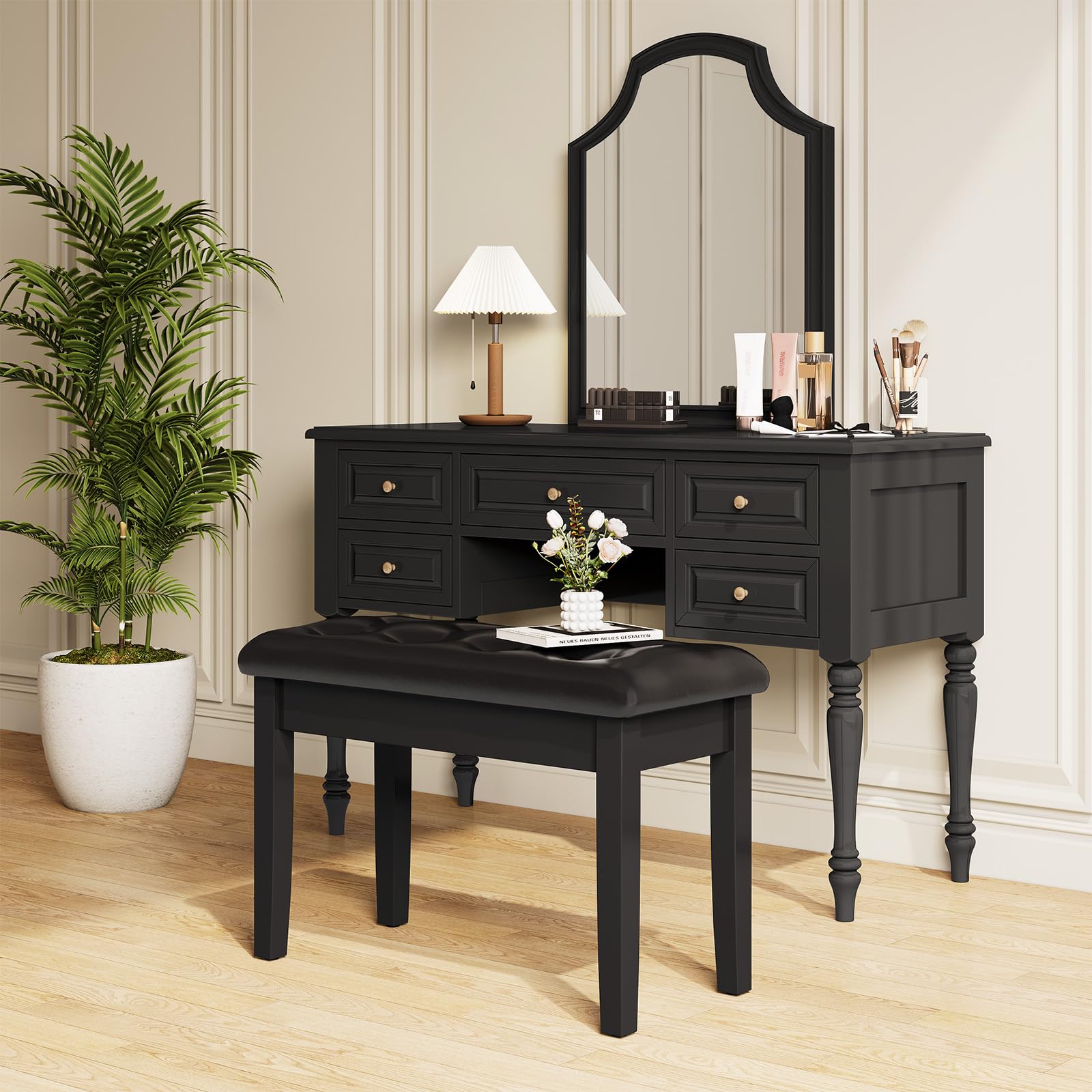 Liferun Black Wooden Duet Piano Bench With Storage, Padded Faux Leather Cushion Seat Piano Stool, Storage Compartment For Music