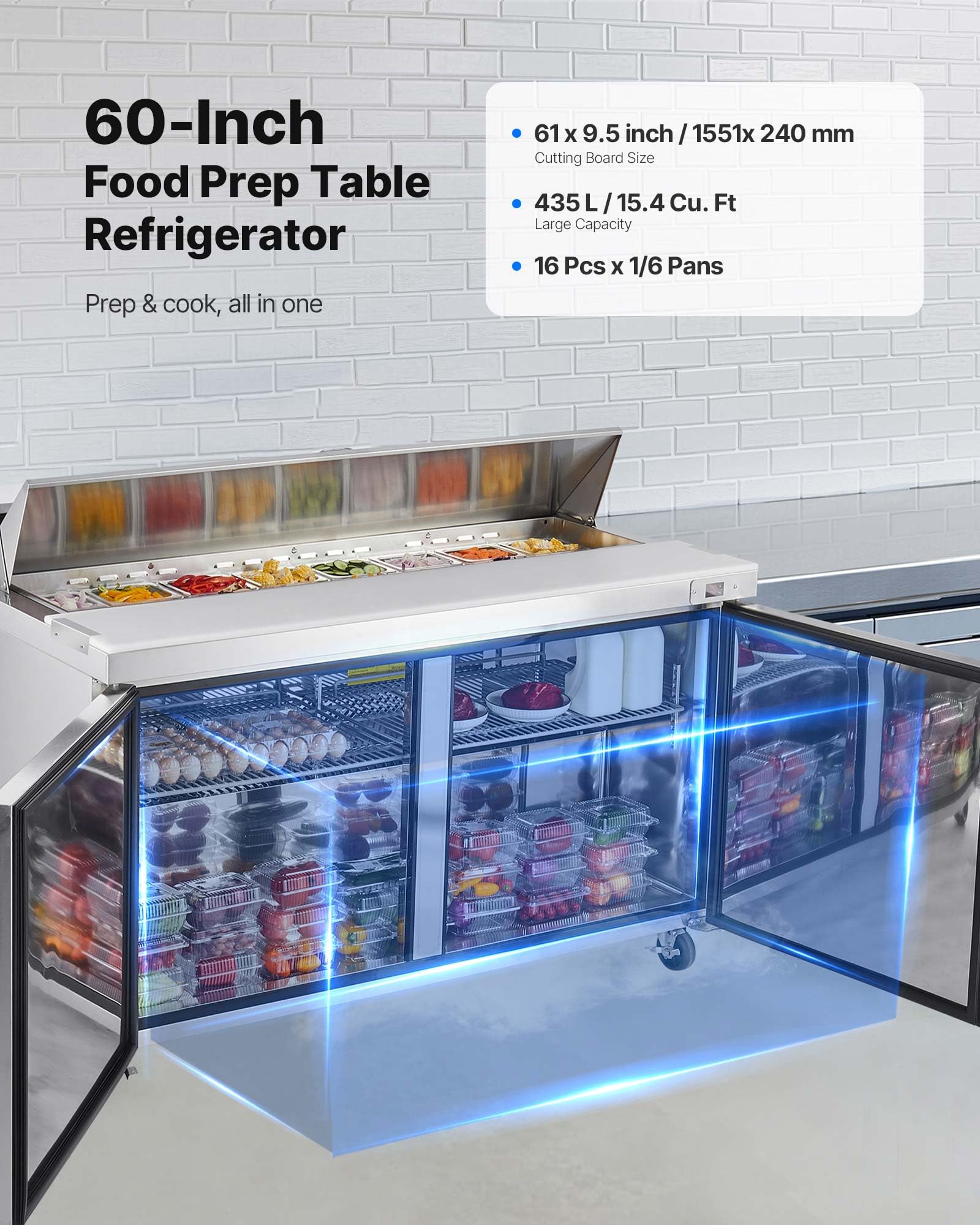 Vevor 60 W Commercial Refrigerator, 15.4 Cu. Ft Sandwich Prep Refrigerated Table, Mega Top Food Prep Fridge With 16 Pans Cutting