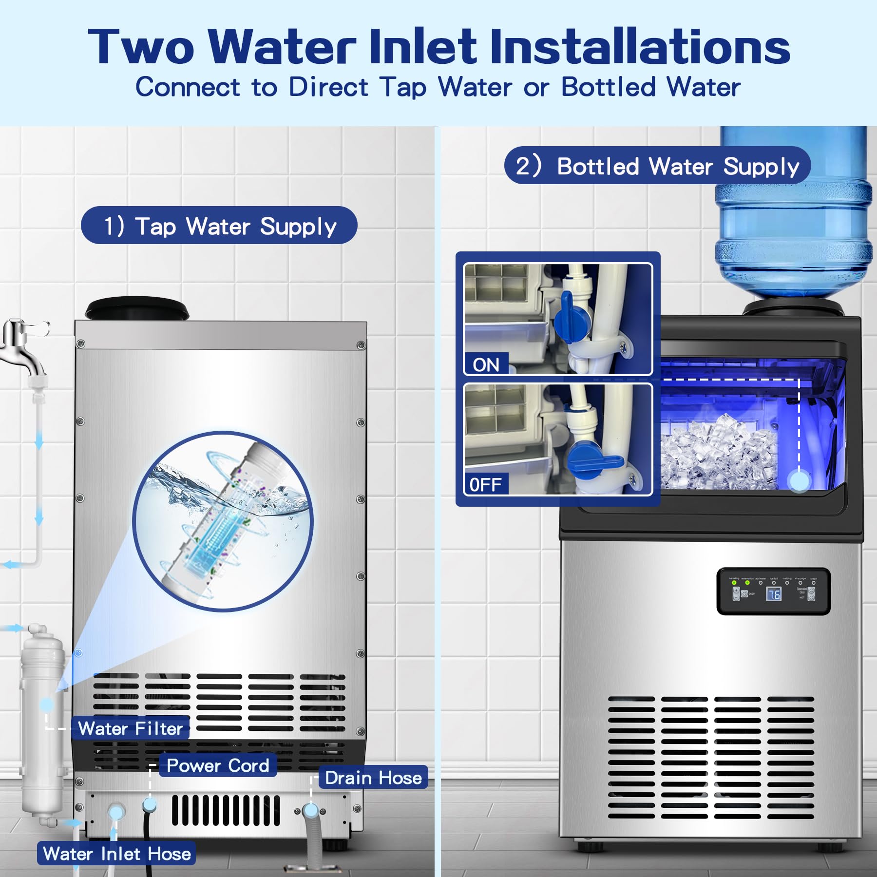 Amzgachfktch Commercial Ice Maker 110Lbs/24H Ice Machine With 2 Water Inlets, Under Counter Ice Maker With 22Lbs Storage, 40Pcs