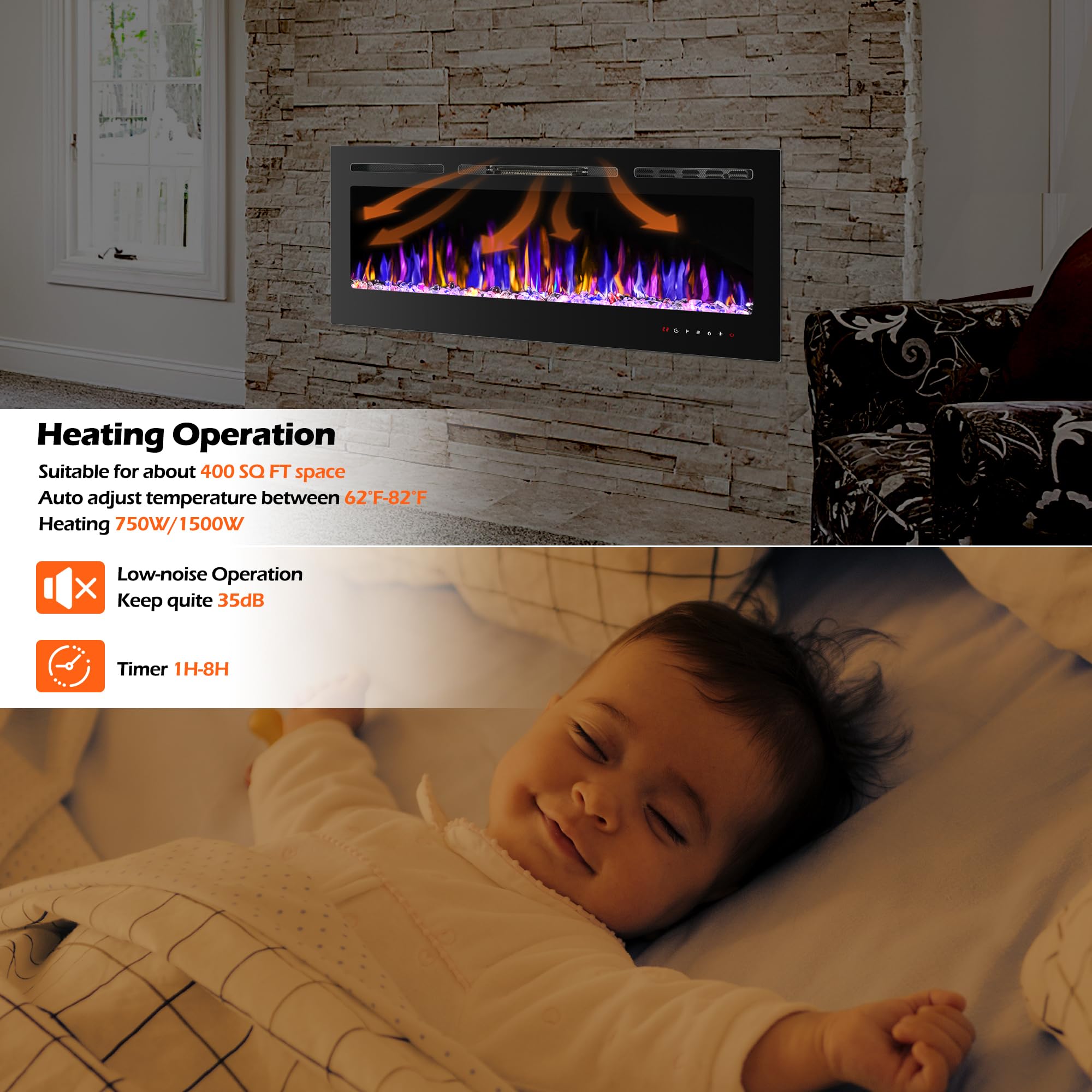 Betelnut 36 Electric Fireplace Wall Mounted And Recessed With Remote Control, 750/1500W Ultra-Thin Wall Fireplace Heater W/Timer