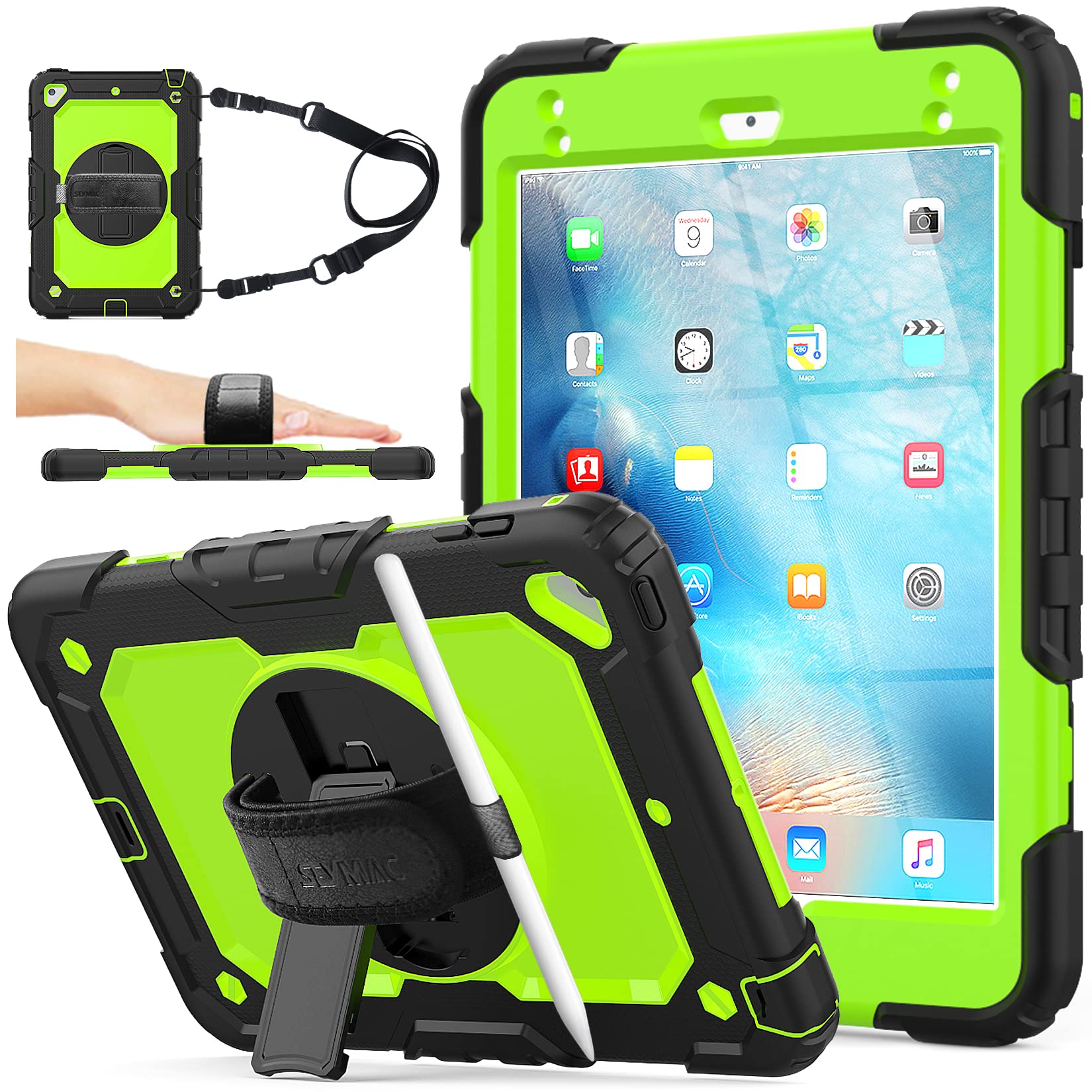 Seymac Stock Case For Ipad Mini 5/4 With Screen Protector Pencil Holder [360 Rotating Hand Strap] & Stand, Drop Proof Case For I