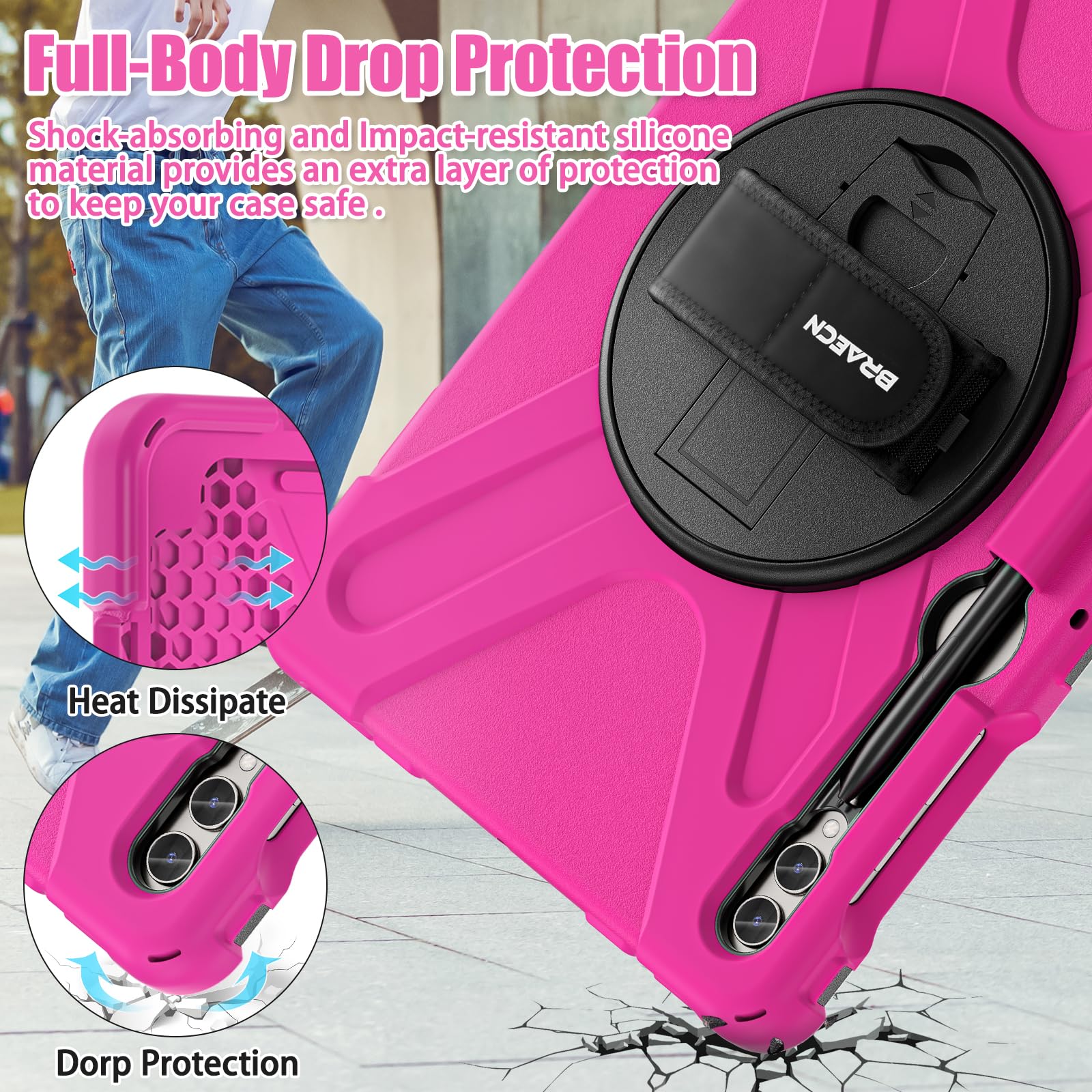 Braecnstock Samsung Galaxy Tab S9 Plus 12.4 Inch Case With Pencil Holder, Shockproof Protective Rugged Cover, Rotating Hand Stra