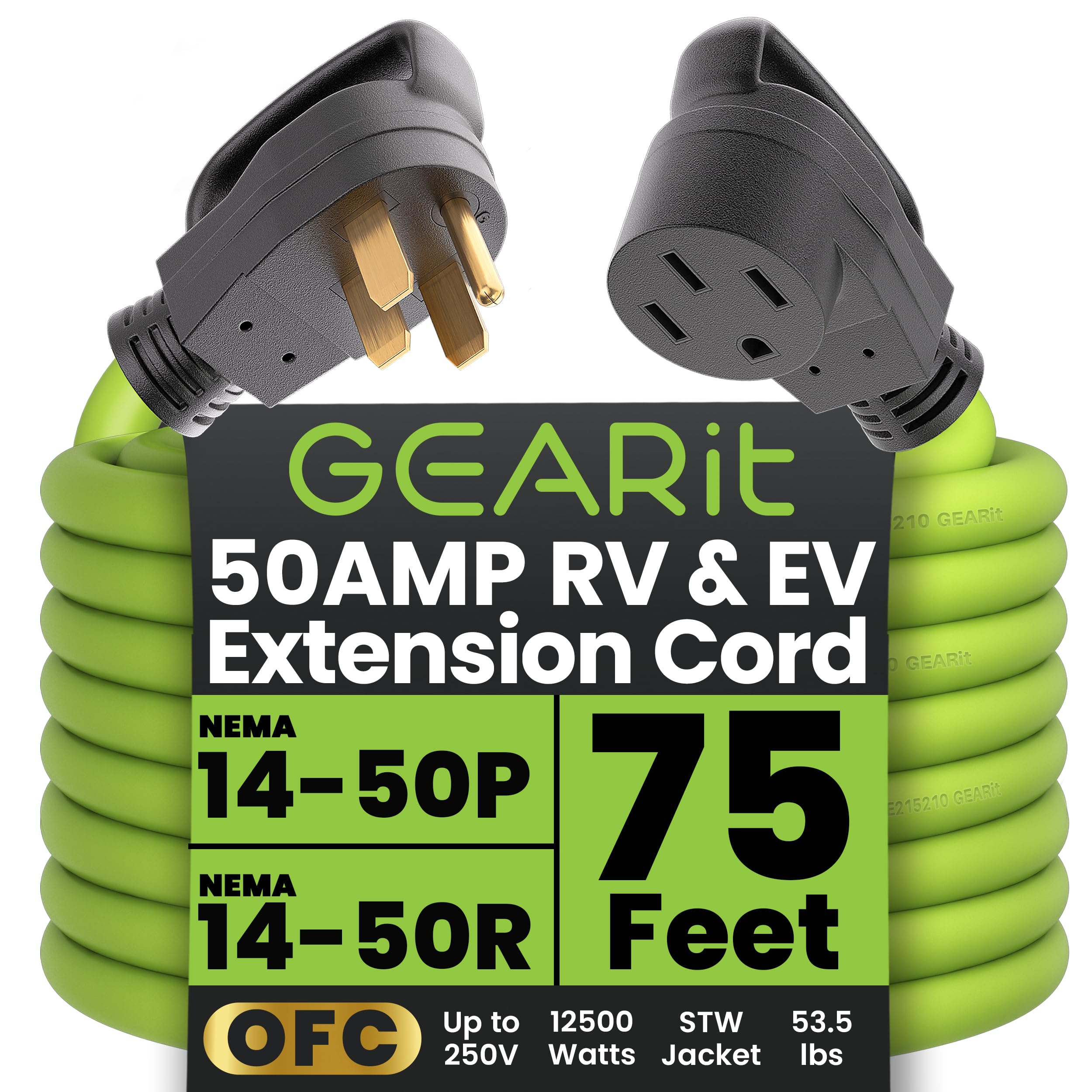 Gearit 50 Amp Extension Cord For Rv And Ev (75 Ft) 4 Prong 250 Volt, Tesla Model 3/S/X/Y, Nema 14 50P To 14 50R 6/3, 8/1 Stw Awg