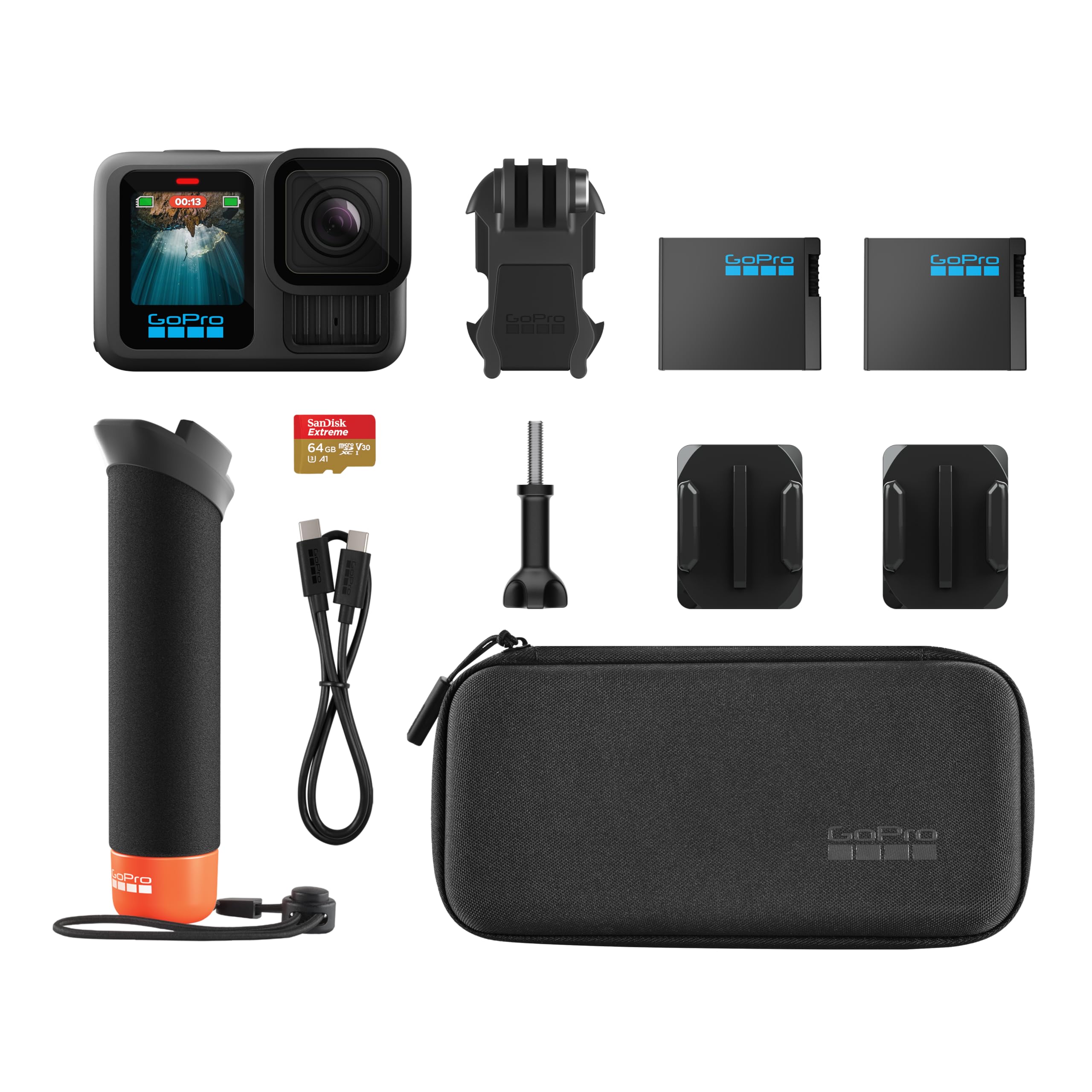 Gopro Hero13 Black Accessory Bundle   Includes The Handler, 2 Enduro Batteries, 2 Curved Adhesive Mounts, 64Gb Sandisk Microsd C