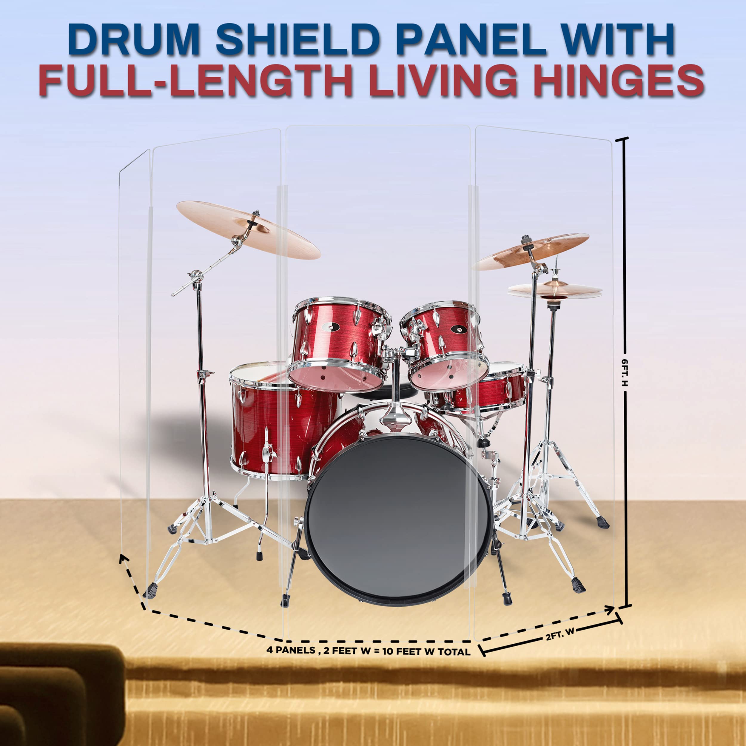 Pennzoni Drum Shield 6Ft W/Plastic Hinges, Comes W/ 4 Drum Panels, & Plastic Hinges, Premium Clear Acrylic Panels, Drum Screen