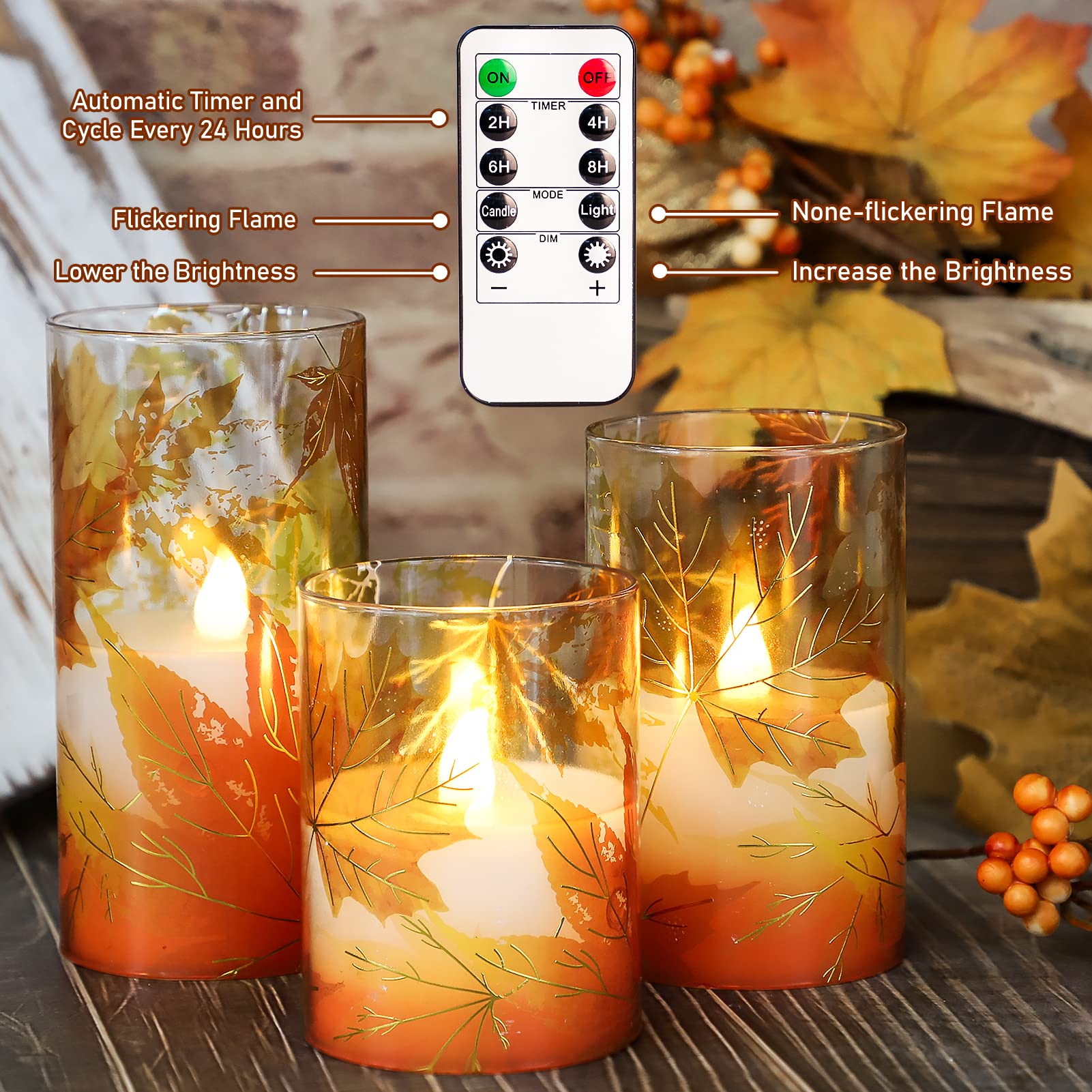 Flavcharm Fall Decor Flameless Candles, Battery Operated With Remote, Maple Leave Glass Led Flickering Candles Realistic Pillar