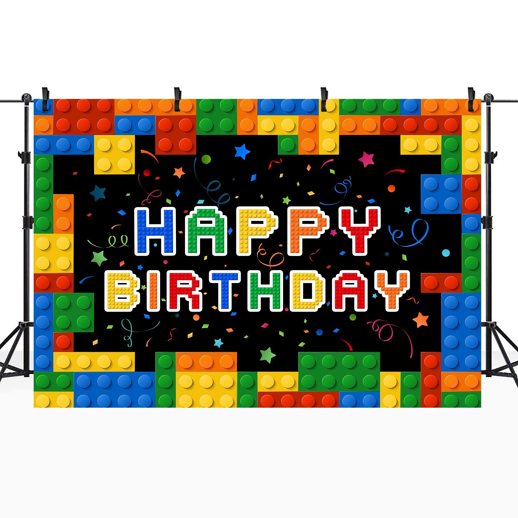 Riyidecor Building Blocks Happy Birthday Backdrop Party Colorful Construction Bricks And Blocks Theme 7Wx5H Feet For Kids Boys P