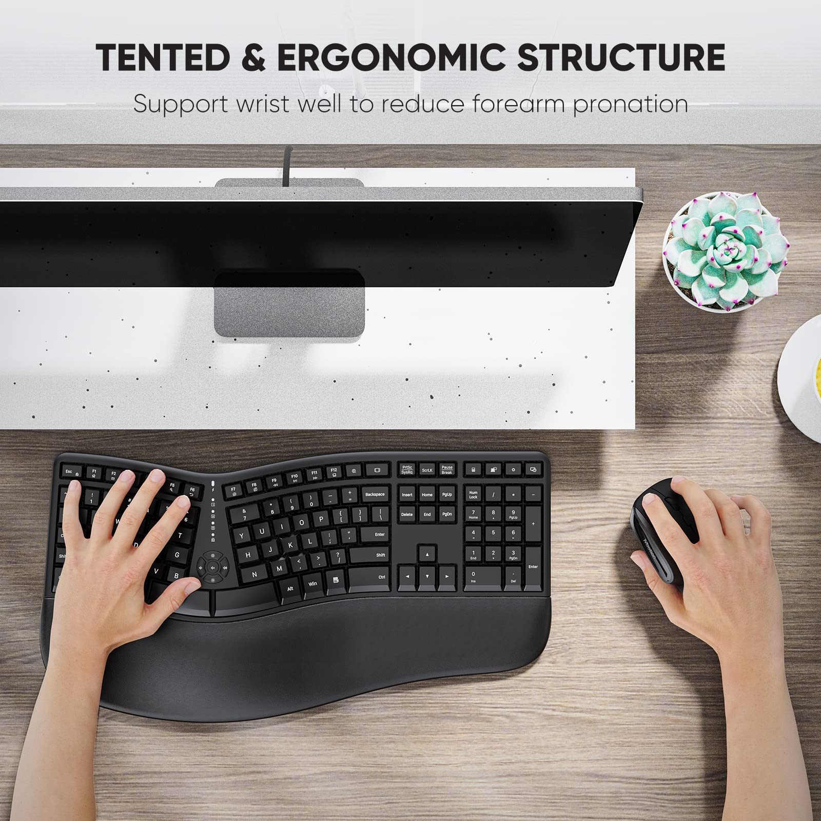 Meetion Ergonomic Wireless Keyboard And Mouse, Ergo Keyboard With Vertical Mouse, Split Keyboard With Cushioned Wrist, Palm Rest