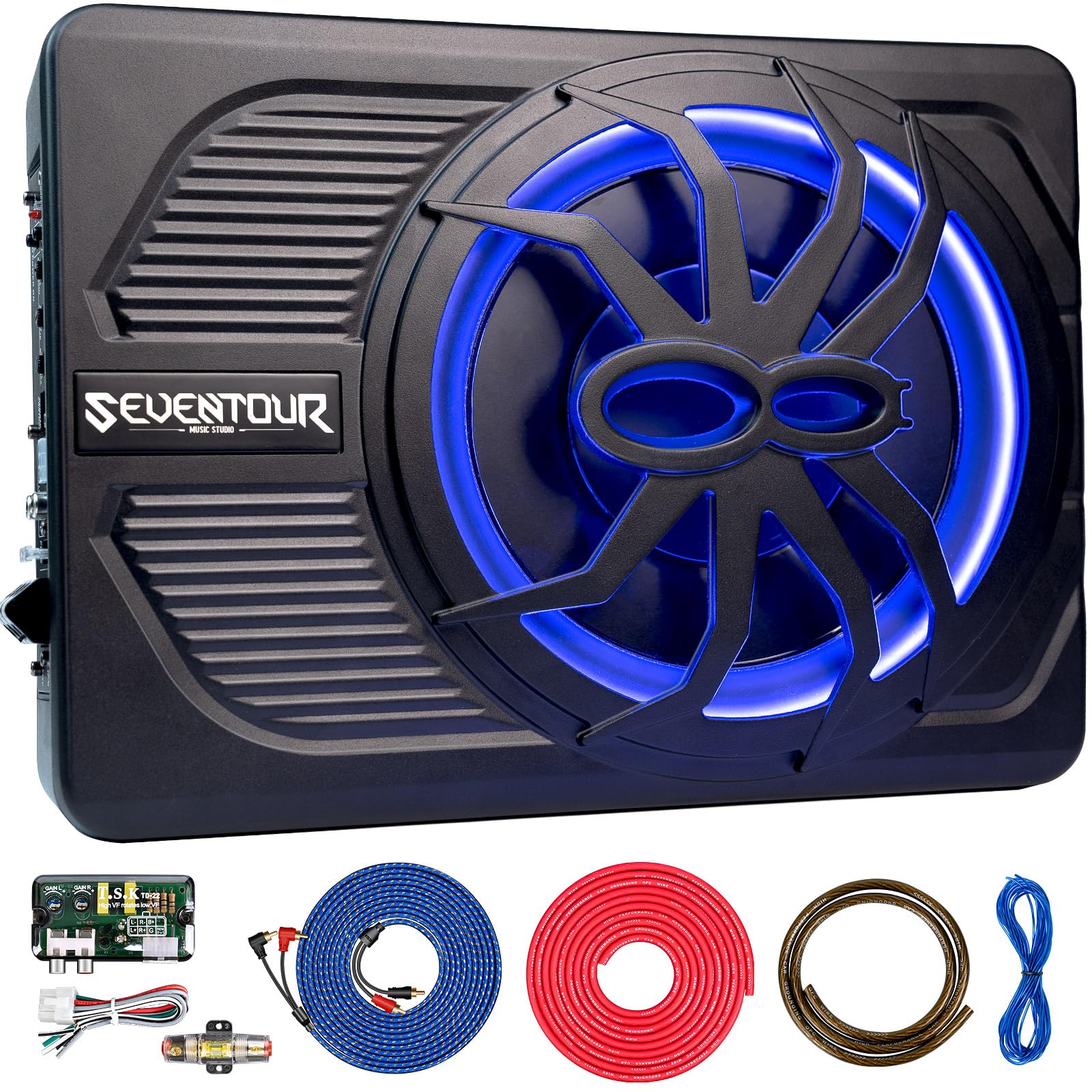 Seventour 10 800W Slim Under Seat Powered Car Subwoofer, Car/Truck Audio Sub Built in Amplifier, New Upgrade with Blue LED Ambient Light -Like New