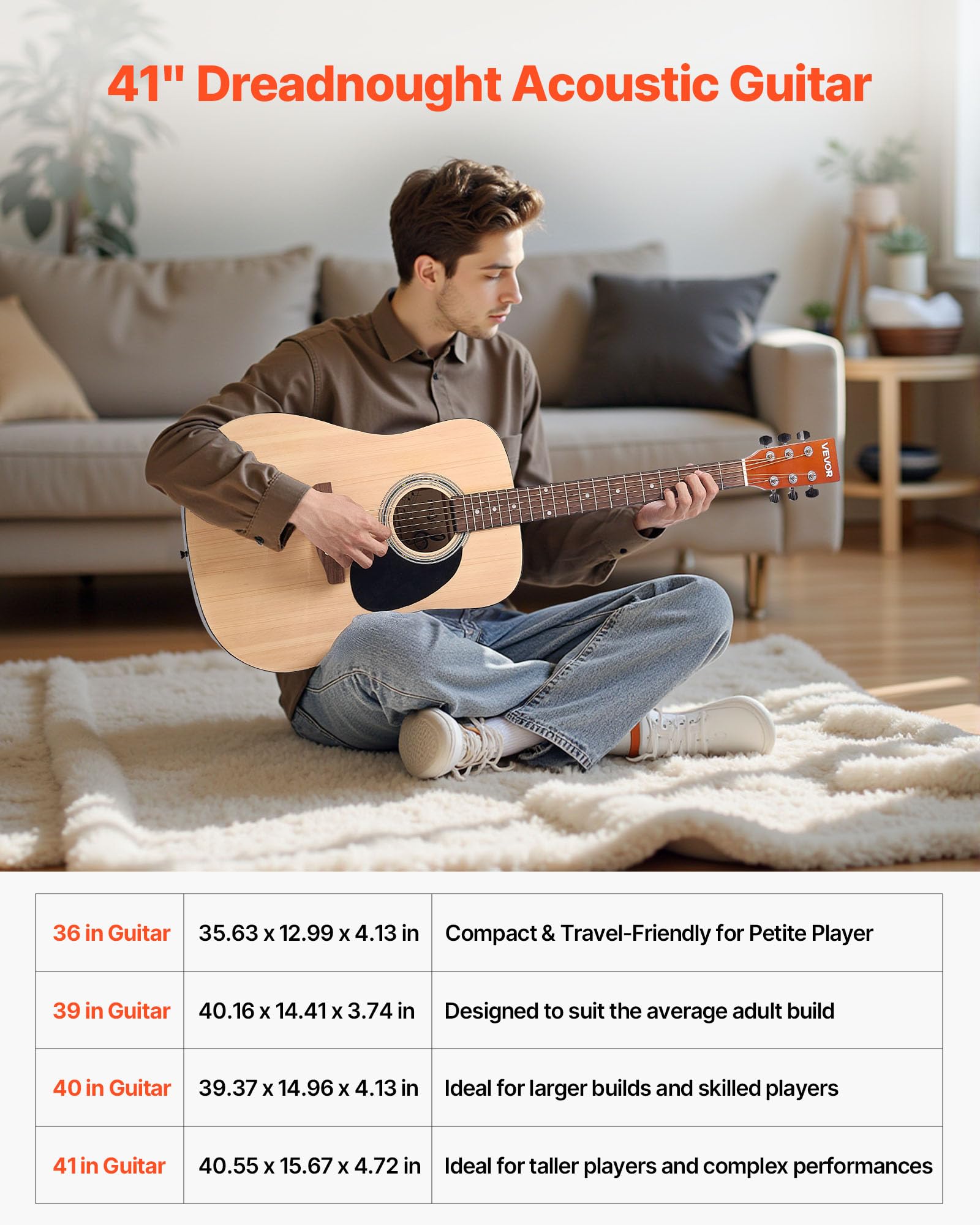 Vevor Dreadnought Acoustic Guitar, 41 In, 6-String Natural Solid Spruce Top Guitar, Beginner Bundle With Gig Bag, Tuner, Strap,