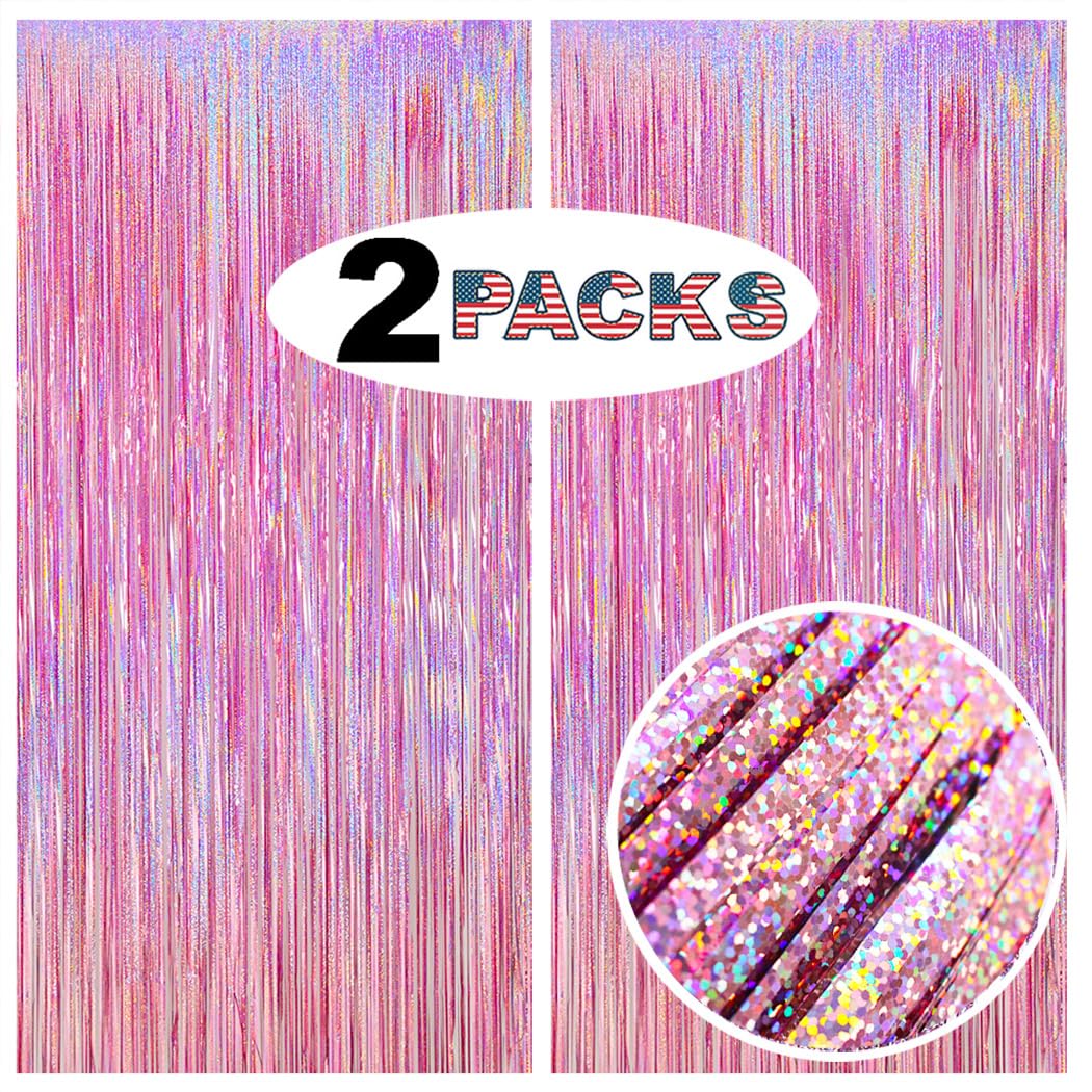 Glitter Pink Fringe Party Curtain   6.5X9.8 Feet, Pack Of 2 | Lilf Pink Tinsel Streamers Foil Fringe Backdrop Curtain With Non M