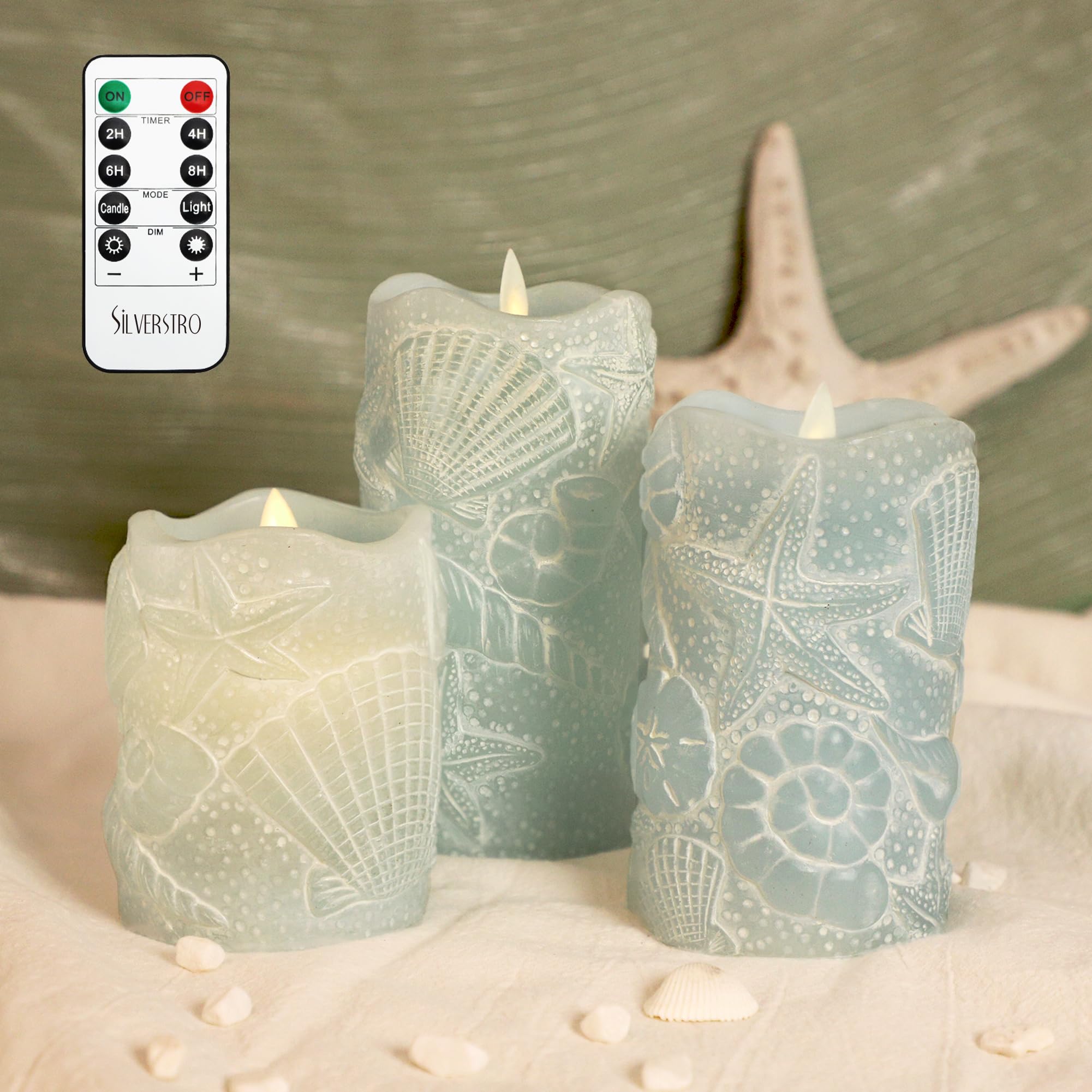 Silverstro Ocean Flameless Candles Remote Carved Seashell Real Wax Flicker Battery Operated Candles For Home Party Wedding Chris